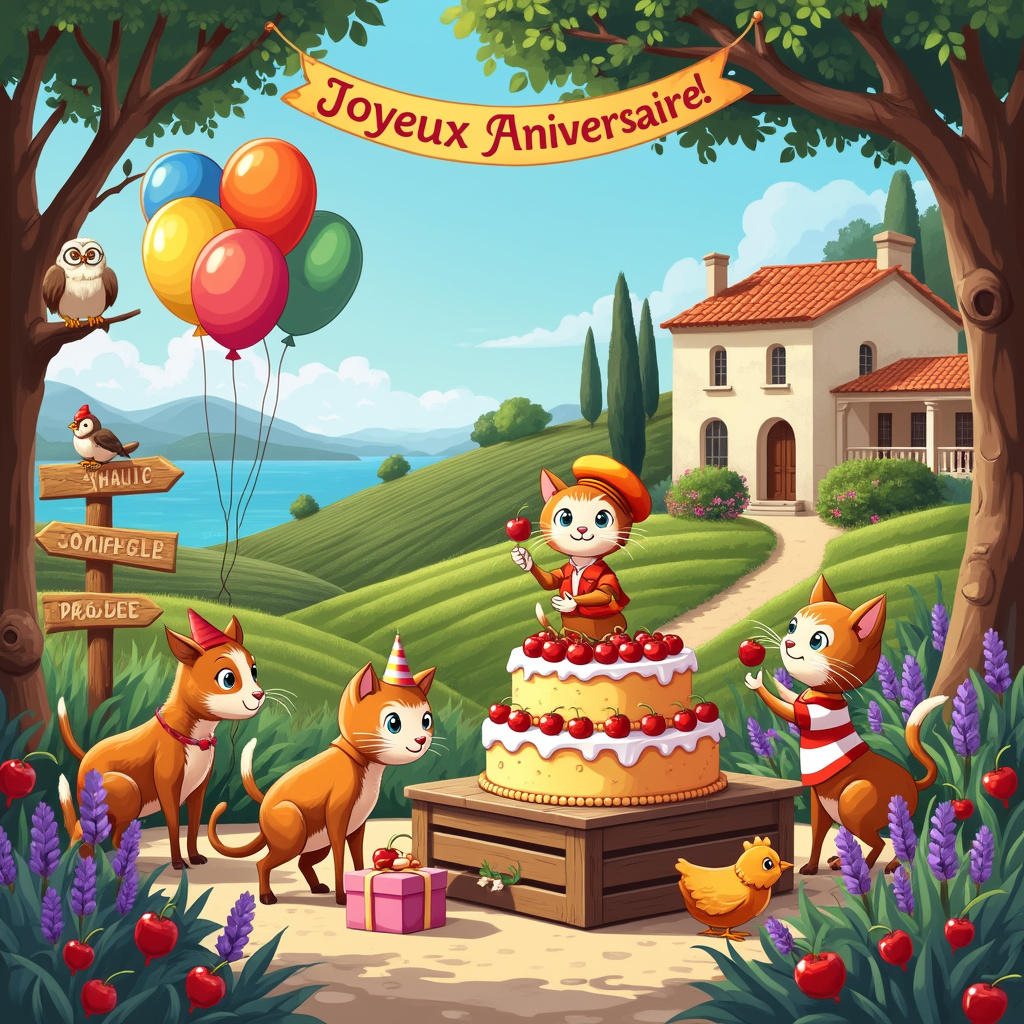 On the front cover of the birthday greeting card, a vibrant and whimsical scene unfolds, blending Mediterranean charm with playful humor and intricate detail. Imagine a sun-drenched French countryside by the Mediterranean Sea. The azure waters of the sea sparkle under the bright midday sun, framed by lush, rolling hills of green and golden vineyards.

In the foreground, a group of mischievous cartoon cats are having a birthday party in the midst of an olive orchard. The cats, each with distinct personalities and expressions, are dressed in tiny, festive berets and striped shirts, reminiscent of classic French fashion. One cat, perched atop a wooden crate, is holding a bunch of brightly colored balloons in one paw and a cherry-topped cake in the other. The cake, humorously oversized, has multiple layers and is adorned with olives and cherries as decorative toppings.

Scattered around the cats are various farm animals, joining in the fun. A comically curious goat is nibbling at the wrapping paper of a large present, while a pig, wearing a party hat, attempts to balance an olive on its snout. A chicken, looking utterly perplexed, is trying to peck at the cherry decorations on the cake but keeps getting shooed away by the cats.

In the background, there's a picturesque stone farmhouse with terracotta roofs and lavender fields, evoking the essence of rural France. Above, a bright, cheerful banner strung between two olive trees reads, "Joyeux Anniversaire!" in playful, curly script. 

A little to the side, an old, wise-looking barn owl, with spectacles perched on its beak, is sitting on a fence, watching the antics with an amused expression. Nearby, a rustic wooden signpost points in various directions with names of famous French cities and Mediterranean destinations, adding a sense of adventure.

Overall, the scene is filled with delightful details, from the intricately drawn leaves of the olive trees and vineyards to the expressions on the animals' faces, creating a rich tapestry that tells a playful, light-hearted story of a birthday celebration in a charming, pastoral setting by the Mediterranean Sea.
Generated with these themes: Cats, Agriculture, Animals, Cherries, Olives, Mediterranean Sea, and France.
Made with ❤️ by AI.