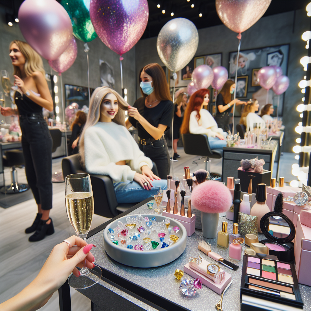 Envision a quirky birthday celebration located in a fashionable hair salon. The atmosphere is filled with joy as guests delight in a fun hairstyling session, each person taking their turn in the stylist's chair for a stunning transformation. Among the beauty treatments, a creatively set up shopping area invites attention, displaying tiny fake diamonds and cosmetics for the attendees to explore. An elegant nuance is introduced as attendees enjoy sparkling wine, their glasses clinking amidst an array of balloons shimmering like the faux diamond decorations in the salon.
Generated with these themes: Hairdressing, Shopping, Diamonds, and Wine.
Made with ❤️ by AI.