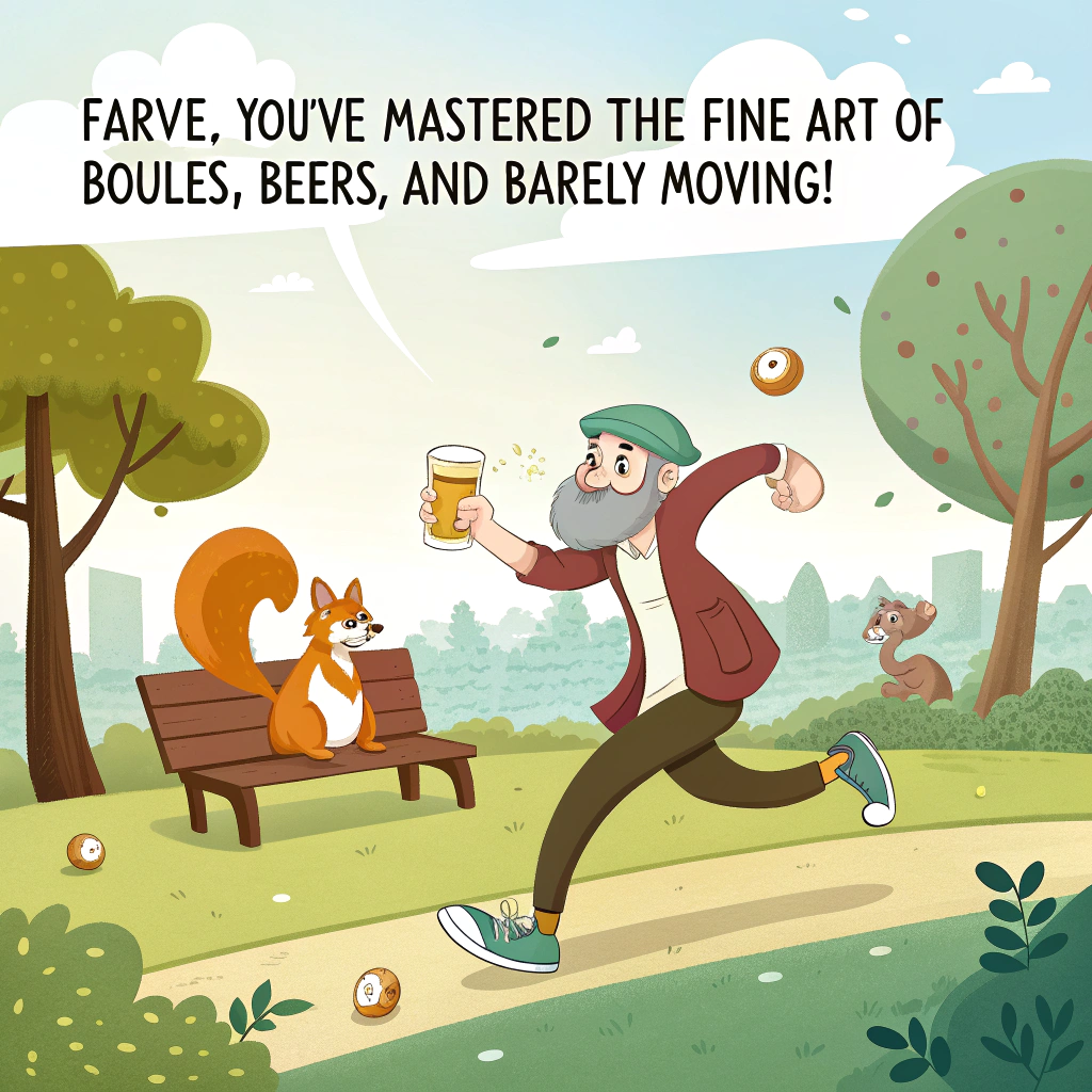 At the top of the image, "Farve, you've mastered the fine art of boules, beers, and barely moving!"

- Illustrate a whimsical cartoon scene in a sunny park: Grandad Farve is mid-throw in a dramatic boules stance, exaggeratedly serious—one leg up, tongue sticking out for concentration—all while casually clutching a frothy pint of beer in his non-throwing hand.
- Around him, a few surprised squirrels watch nervously from behind a bench.
- One boule is already veering wildly off course, about to land in someone’s picnic.
- Nearby, a "World Boules & Beers Champion" sash drapes from his lawn chair, and a mini keg doubles as a footstool. 
- A little banner strung in the trees reads "Happy Birthday, Farve!"
- The color palette should be bright and cheerful, with bold cartoon lines and lots of motion lines to add comedic flair.
Generated with these themes: grandad playing boules with a beer in his hand.
Made with ❤️ by AI.
