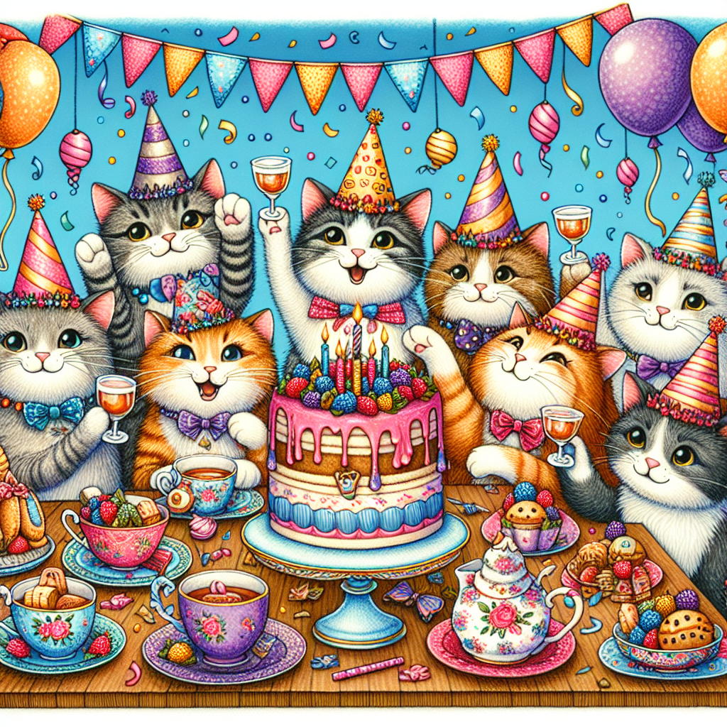 A playful illustration capturing the mirth of festivity with a group of delightful cats wearing jolly party hats. They are congregated around a richly decorated table adorned with a vibrant birthday cake, teacups, and dishes filled with scrumptious snacks. The cats raise a toast to the event, their furry faces beaming with joy, while balloons and streamers hover peacefully above, enhancing the festive ambiance of this delightful tea party.
Generated with these themes: Cats in hats having a birthday tea party.
Made with ❤️ by AI.