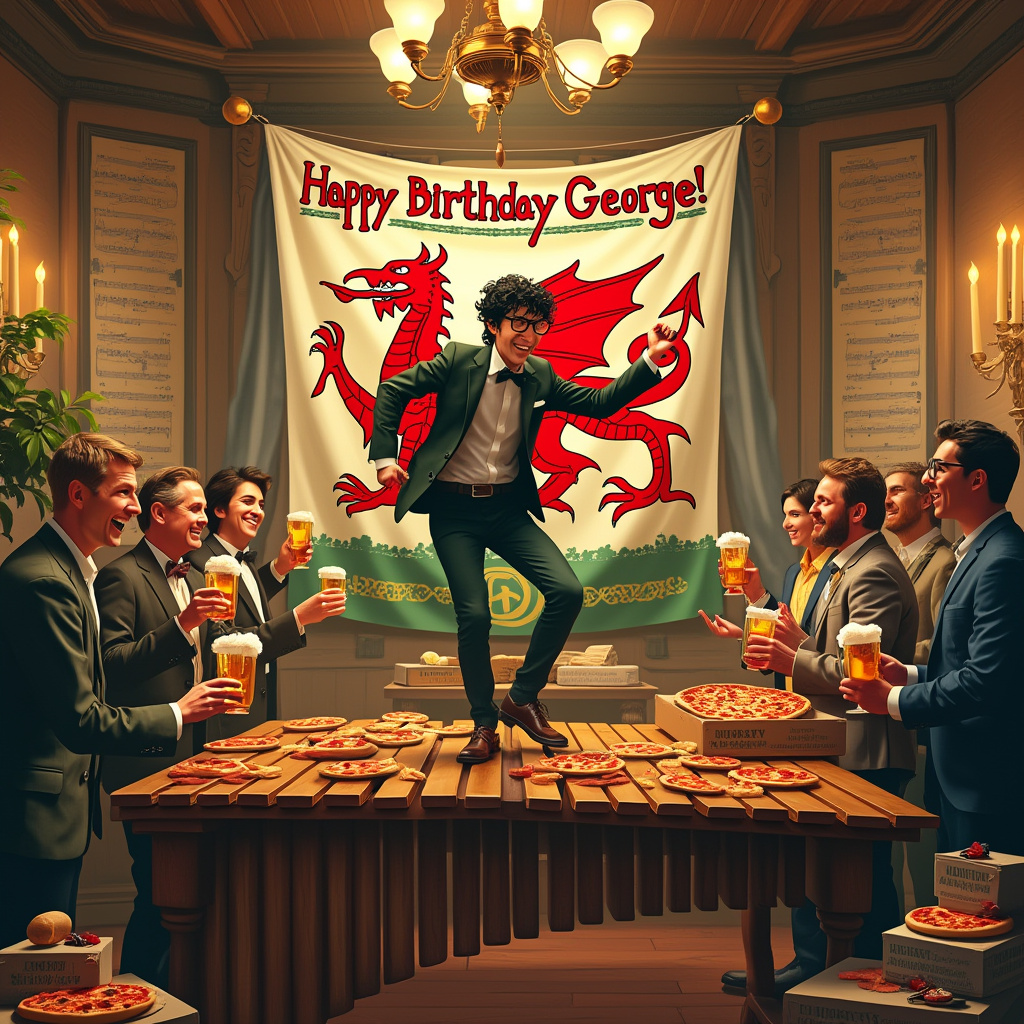 In this vibrant scene, set within a warmly lit music room adorned with rich mahogany panels and antique sheet music, we see George, a young man with distinct black hair and iconic round glasses. He stands atop a long, gleaming marimba, its polished wooden bars shimmering under the glow of an old-fashioned chandelier. The marimba is the stage for his exuberant dance, his feet moving deftly between the bars in a lively jig, reflecting his celebratory spirit. Scattered around the room are various colorful footballs, bouncing gently, adding an element of playful chaos to the celebration. 

Suspended above him is a grand "Happy Birthday George" banner, intricately painted with Celtic knots, a nod to the Welsh dragon theme. The dragon itself, vibrant in red and green, weaves through the air like a friendly spirit, curling its tail around the banner. Friends gather around George, all dressed in party attire, with glasses raised in cheers as they sip from frothy mugs of beer, the foam cascading over the edges. 

Pizza boxes are stacked in a corner, their tops open to reveal a variety of toppings that entice the senses with their aroma. Each slice is a testament to the joy of indulgence, adding to the festive atmosphere. The room is alive with motion, from the gentle sway of a nearby potted plant's leaves to the shadowy flicker of candlelight playing across the walls. This detailed tableau is inspired by the whimsical, dynamic storytelling of Norman Rockwell and the intricate designs of Aubrey Beardsley, capturing a unique, celebratory narrative that invites the viewer into George's jubilant birthday celebration.
Generated with these themes:  George is stood on a long marimba in a music room, He has black hair and black round glasses, He's a young man , Its a party celebrating his birthday with friends, He's drinking beer , He's eating pizza, There's lots of footballs, There's a welsh dragon, and Hes dancing.
Made with ❤️ by AI.
