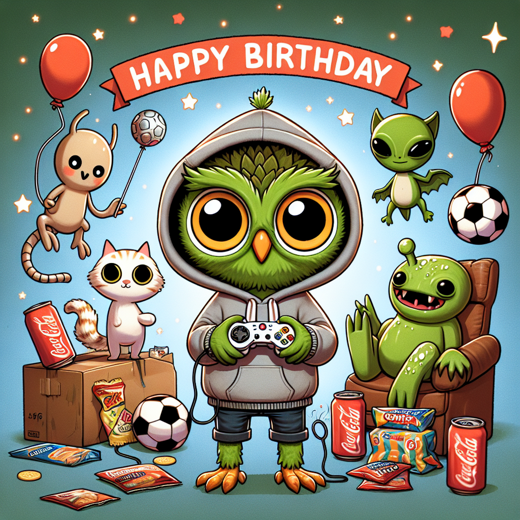 Create a humorous birthday card backdrop in a lighthearted cartoon style. The main character is a cute green owl donned in a casual hoody, holding a generic game controller with a mischievous smirk. Instead of specific copyrighted pop culture characters, let's add playful, alien-like figures reminiscent of fantasy sci-fi themes. Animated cats are engaging in a lively football match, adding to the cheerful chaos. Additional details such as generic cola cans and packets of crisps further imbue the scene with a sense of fun and jovial discord.
Generated with these themes: green owl, xbox, diet cola, hoody, cats, yoda, star wars, football, crisps.
Made with ❤️ by AI.