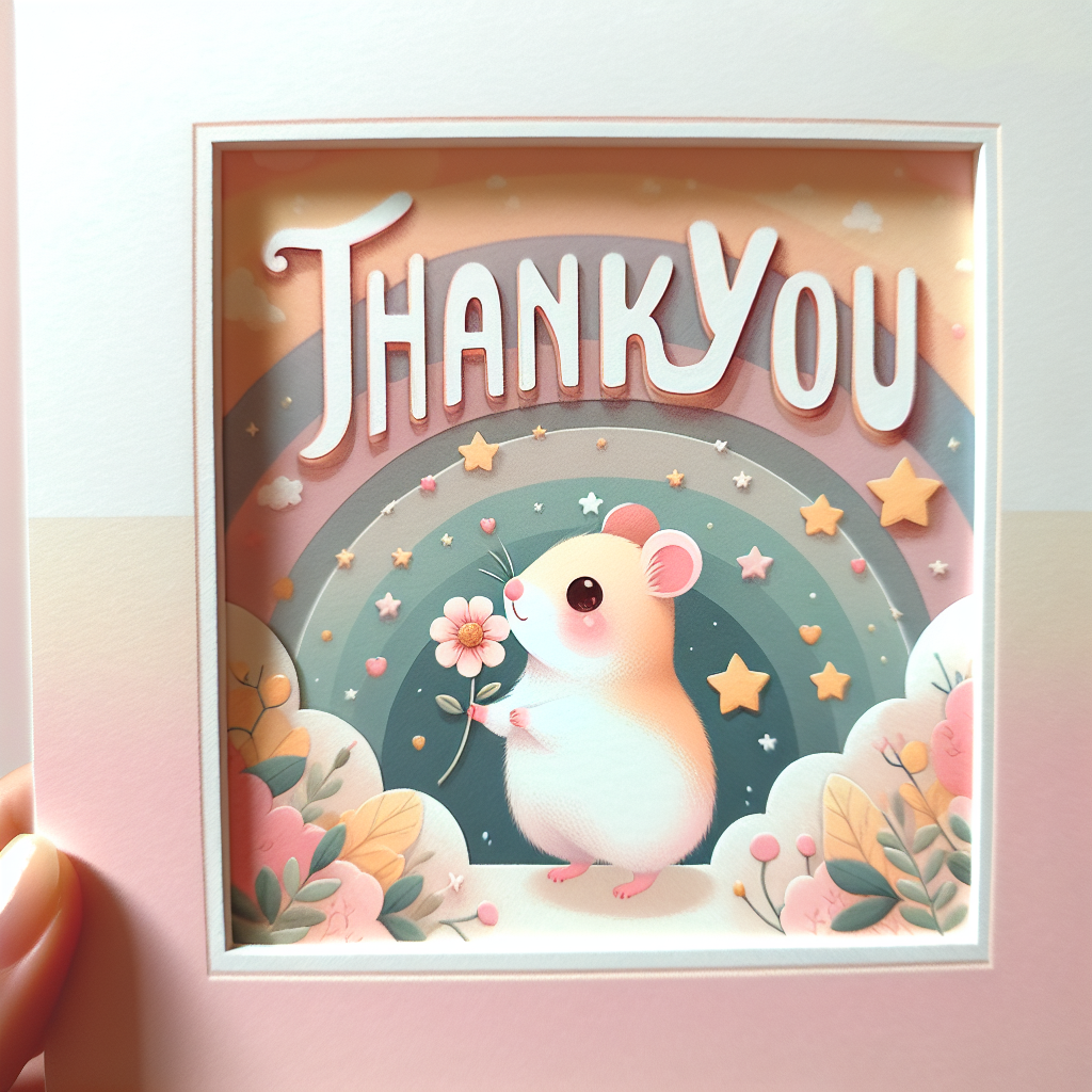 At the central focus of the artwork, 'Thank You' is elegantly scripted in soft and bubbly letters. A charming little hamster is portrayed holding a flower in its hand, lending a warm, appreciative ambience to the scene. Pastel hues are used throughout, as well as playful visual elements such as stars and clouds, combining to create a delightful and captivating illustration.
Generated with these themes: Hamilton .
Made with ❤️ by AI.