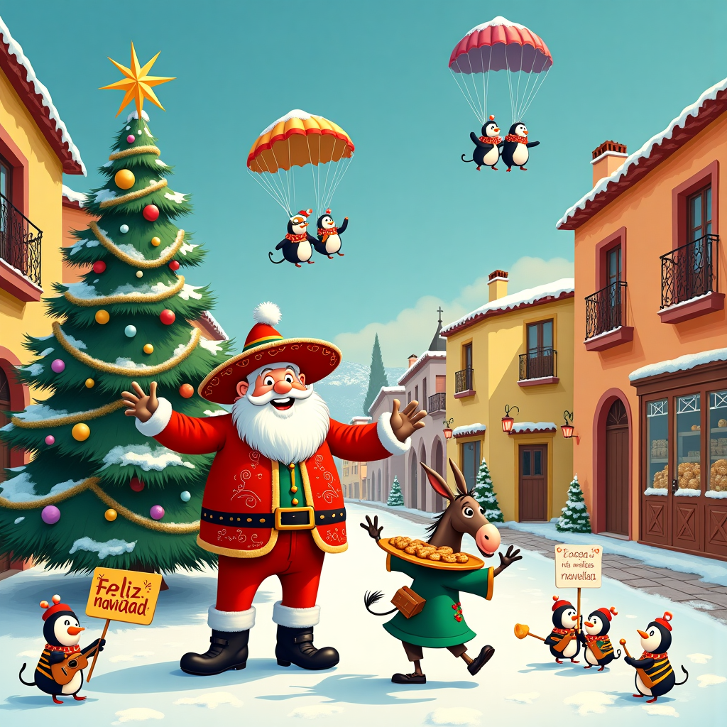 In the whimsical winter scene, a snow-covered Spanish village bustling with festive spirit is depicted. At the center of this village is a small plaza adorned with a beautifully decorated Christmas tree, its branches shimmering with golden tinsel and colorful baubles. Surrounding the tree, an eclectic group of characters has gathered. Taking inspiration from Schulz's iconic simplicity, a jolly, rotund Santa Claus with an exaggeratedly large sombrero is performing a lively flamenco dance, his red suit adorned with sequined patterns reminiscent of traditional matador attire. His oversized black boots stomp rhythmically on the cobblestone path.

Near Santa, inspired by the charm of Tezuka's characters, is a wide-eyed, anthropomorphic donkey named Pepito, sporting a vibrant green poncho and a mischievous grin. Pepito is playfully balancing a tray of piping hot churros in one hoof, their golden-brown surface dusted with sugar and cinnamon, while the other hoof holds a gleaming maraca.

Above them, in a nod to Larson's surreal humor, a band of airborne penguins, all wearing festive, colorful bandanas, are parachuting down, each holding a sign. One sign reads "Feliz Navidad" in bold, festive letters, while others depict cheerful drawings of tacos and guitars.

In the background, drawing from Watterson’s vibrant landscapes, is a row of quaint, brightly colored houses with intricate wrought-iron balconies. Icicles dangle from the rooftops, catching the light like small crystal chandeliers. A family of snowmen, crafted with incredible detail, stands in front of one house, each wearing tiny sombreros and ponchos, one even strumming a miniature guitar.

To the side, a cobblestone path leads to a tiny bakery with a large window, displaying freshly baked pan dulce. The sweet aroma seems to waft through the air, enticing a group of curious, tiny mice, reminiscent of Disney's animal companions, who peek out from beneath a snow-laden bench, their noses twitching in anticipation.

Above the entire scene, the night sky is a deep indigo, filled with twinkling stars, and a large, glowing crescent moon that provides a gentle glow, highlighting the merry chaos below. This tableau is a delightful blend of cultures and traditions, depicted with a humorous twist that captures the festive spirit of "Feliz Navidad."
Generated with these themes: Feliz Navidad .
Made with ❤️ by AI.