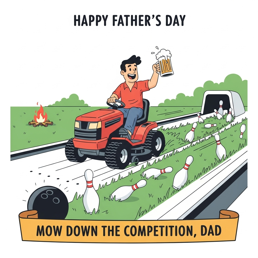 At the top of the Vector Style image, include the text "Happy Father’s Day".

---

Imagine a whimsical and humorous scene in a bright, clean vector style. The focal point is a dad with a playful grin, sitting on a ride-on mower. But instead of mowing a lawn, he's cruising over a lane of a bowling alley, leaving a trail of neatly mowed grass among the bowling pins. 

Behind him, a small bonfire flickers gently on the grass in the distance, adding a touch of warmth and humor to the scene. In one hand, the dad holds a frothy mug of beer triumphantly aloft as if toasting to the great strike he's about to achieve.

The bowling pins are cartoonishly shocked, some tumbling over and others trying to dodge the approaching mower. The whole scene is wrapped in a playful, dynamic composition with bold, solid color blocks and minimal details.

For a cheeky touch, add a banner across the bottom with the text, "Mow Down the Competition, Dad!"
Generated with these themes: Bonfires, Ride-on mower, Bowling, Beer, and .
Made with ❤️ by AI.