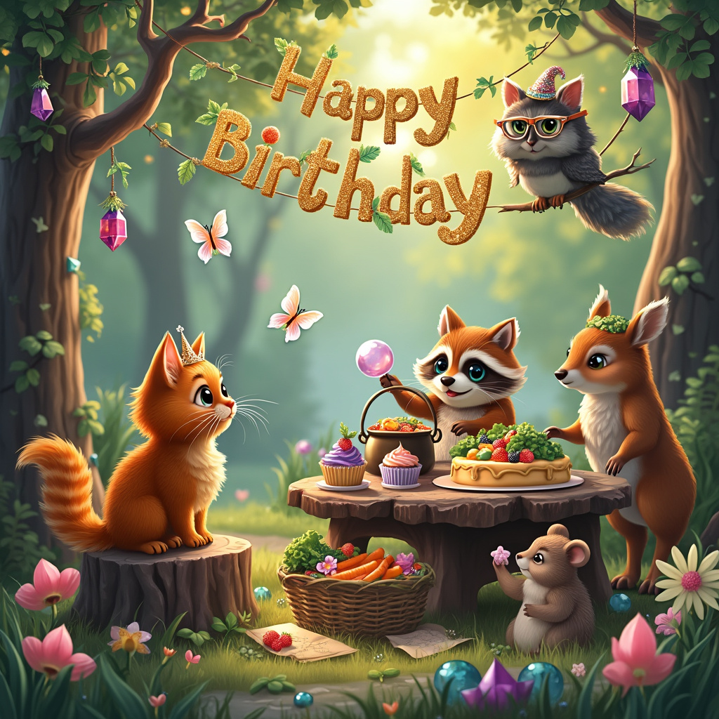In the center of the card, imagine a whimsical forest clearing bathed in soft, golden sunlight. To the left, a fluffy orange tabby cat sits regally on a tree stump decorated with sparkling, multi-colored crystals. The cat wears a tiny, glittering crown made of emerald-green leaves and amethyst shards, symbolizing its royal status in this magical realm. 

Nearby, a raccoon wearing a jaunty chef's hat and apron stirs a large pot filled with a rainbow-colored vegan stew, the ingredients of which include vibrant carrots, kale, and mushrooms, all sourced from a basket of freshly harvested veggies at its feet. 

Above, perched on a low-hanging branch, a wise old owl adorned with crystal-studded glasses peers down, holding a birthday card in its beak that reads, "Happy Purr-thday!" The owl's eyes are wide and twinkling as if it knows a secret.

To the right, a group of animated forest animals - including a deer with a flower crown, a squirrel balancing a crystal ball, and a hedgehog nibbling on a piece of lettuce - gather around a rustic wooden table laden with an array of vegan birthday treats, like cupcakes topped with edible flowers and a big cake decorated with berries and more crystals.

Suspended in the air above the scene, a garland of leaves and crystals spells out "Happy Birthday" in sparkling letters, as a couple of butterflies flutter around it, adding movement to the magical moment. 

In the background, trees with crystal formations growing out of their trunks and roots stand tall, completing this enchanting, vegan-friendly, and crystal-studded birthday scene.
Generated with these themes: Cats, animals, crystals, being vegan.
Made with ❤️ by AI.