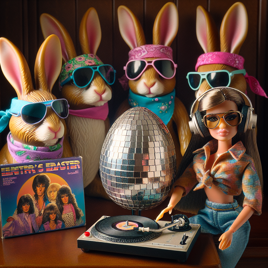 A retro 80s Easter scene unfolds with lifelike rabbits donning bandanas and sunglasses, swaying to a set of period-correct tunes. In the midst, a chocolate Easter egg mimicking a shimmering disco ball attracts the light, bordered by vinyl records flaunting classic 80s cover designs. A fashion doll, bearing resemblance to the vintage dolls from the 80s with a full-bodied hairstyle, is in the role of the DJ. She is equipped with minuscule headphones and a turntable, fusing music and Easter in a distinctly nostalgic mix.
Generated with these themes: 80s, Music, Sindy, and Glitter .
Made with ❤️ by AI.