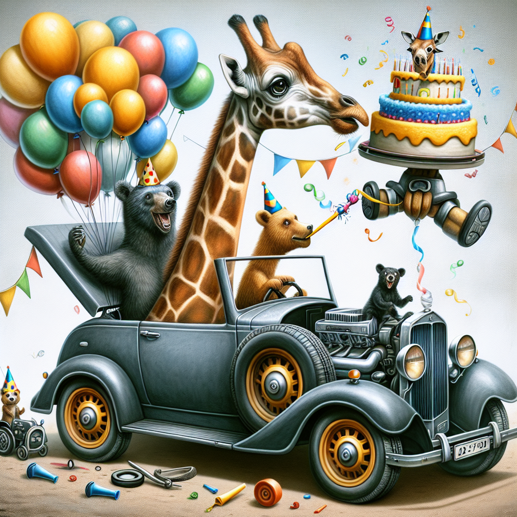 Create a surreal and amusing painting of a car that has been turned into a birthday party scene. The car is a convertible, and we can see a variety of animals enjoying themselves within. In the driver's seat, a tall giraffe finds it a challenge to fit, with its neck and head protruding above the windshield, a party blower hanging from its mouth. In the backseat, there's a cheerful bear struggling to hold onto a hefty piece of cake. Floating above them are a collection of balloons, but these are not ordinary - they are shaped like assorted parts of a car, including tires, gears, and headlights.
Generated with these themes: car.
Made with ❤️ by AI.