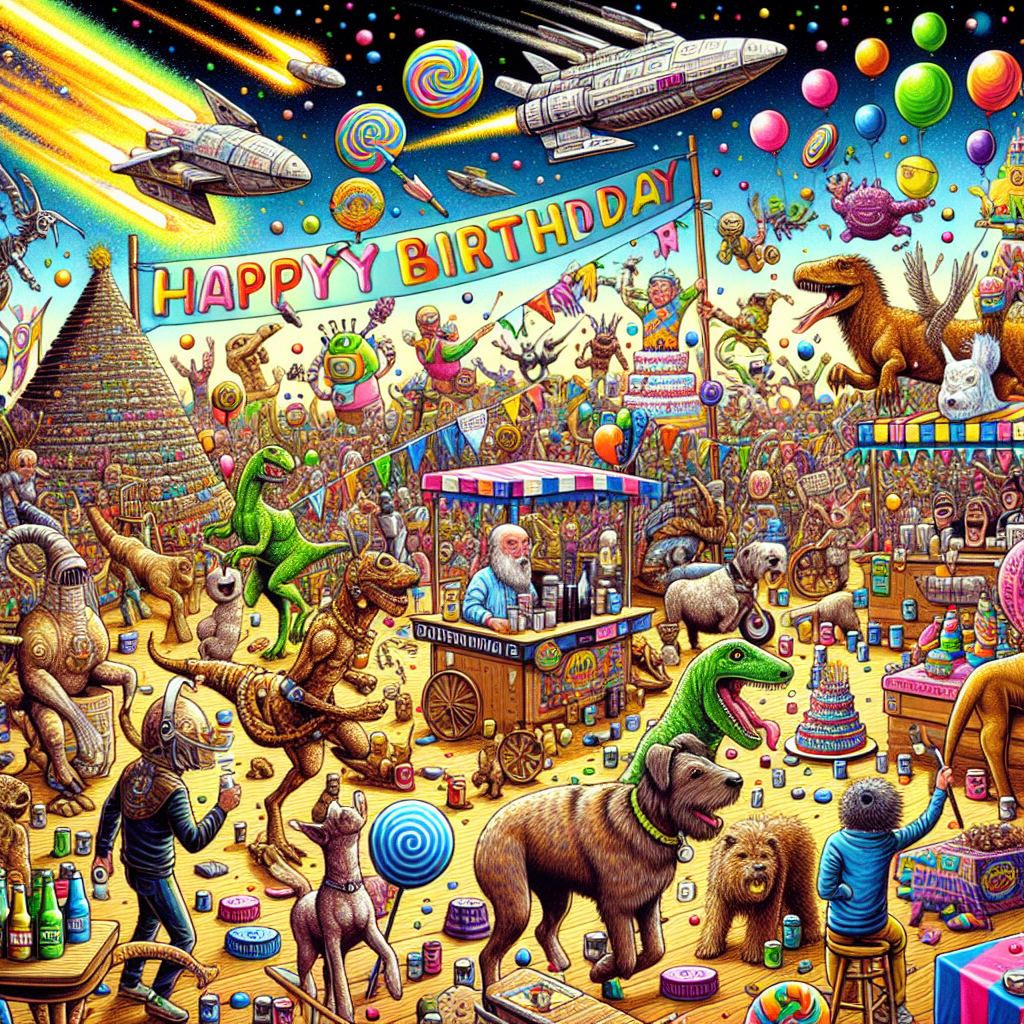 A vivid and amusing birthday illustration brims with color and enthusiasm, featuring a lively scene where ancient creatures wander through an energetic event setting filled with familiar imaginary creatures. In the backdrop, futuristic ships dart across a sky loaded with playful characters derived from popular comic books indulging in light-hearted antics. Amid this wonderful chaos, a coffee stall managed by endearing dogs serves hot drinks to attendees, while a scatter of round and oblong candies shower down like confetti. In the mix of the celebration, guests recharge with slim cans of rejuvenating beverages, enhancing the festive aura of this creative birthday festivities.
Generated with these themes: Dinosaurs, Pokemon, Star wars, Marvel, Reeces pieces, M@ms, Coffee, Dogs, and Energy drinks.
Made with ❤️ by AI.