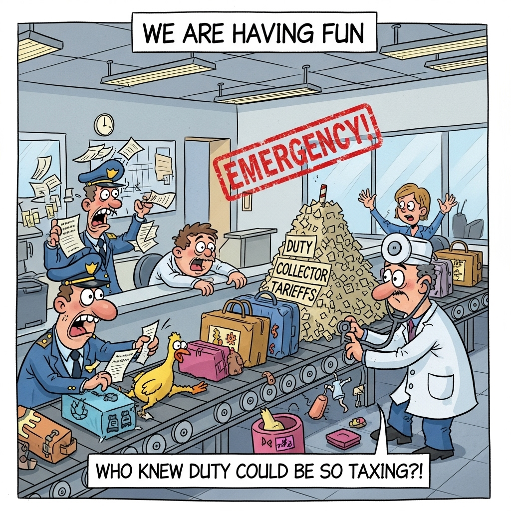 At the top of the Cartoon Style image, include the text: "WE ARE HAVING FUN".

**Image Prompt:**

Create a whimsical cartoon scene set in a bustling customs office, where a comical chaos unfolds. The office is filled with exaggerated characters in bright colors: a frantic customs officer juggling paperwork, a duty collector buried under a mountain of tariffs, and a doctor with a stethoscope checking the pulse of an overloaded luggage conveyor belt. Each character is humorously exaggerated with wide eyes and exaggerated movements. The conveyor belt seems to have come to life, with items like rubber chickens and giant novelty items spilling out. In the middle of the scene, an oversized stamp reads “EMERGENCY!” in bold, comical letters. Despite the madness, everyone appears to be having a blast, showcasing a sense of humorous teamwork. At the bottom of the image, a cheeky speech bubble from the doctor says, "Who knew duty could be so taxing?!"
Generated with these themes: .
Made with ❤️ by AI.
