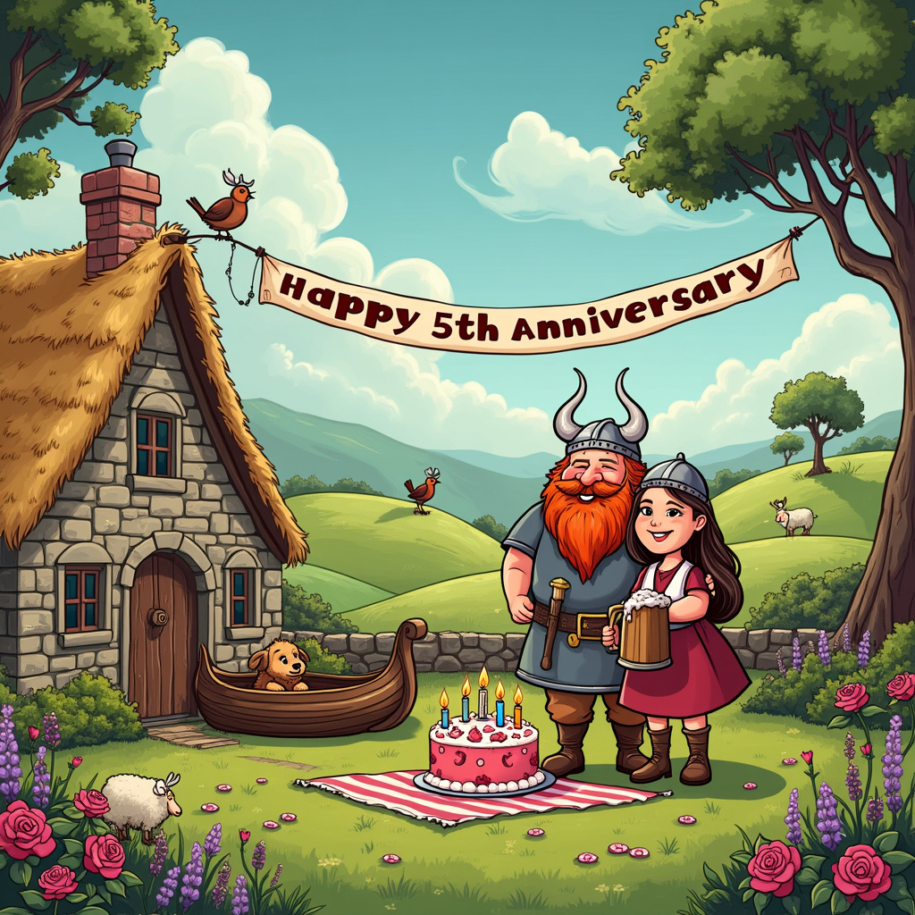 In the cartoon scene, set against a backdrop of the lush, green rolling hills of Yorkshire, stands a cheerful, small stone cottage with a thatched roof. Surrounding the cottage is a picturesque garden filled with blooming roses, lavender, and daisies. The sky above is a brilliant blue, with fluffy white clouds where the name "Andy" is subtly written in the cloud formations. 

In the foreground, a humorous Viking couple is celebrating their 5th wedding anniversary. The Viking husband is a burly figure with a horned helmet, flowing red beard, and a broad grin, wearing traditional Viking attire with fur trims. He's holding a giant anniversary cake adorned with five lit candles, each shaped like tiny Viking ships.

His wife, equally robust and clad in a Viking dress with a playful apron depicting a Yorkshire rose, is embracing him with one arm while holding a wooden tankard of frothy ale in the other. Both are standing on a large, intricately carved wooden shield laid on the ground, which doubles as a picnic blanket.

Scattered around them are various humorous details: a small Viking longship beached on the lawn, with a cute, smiling Yorkshire Terrier peeking out from inside; a banner strung between two large oak trees behind them that reads "Happy 5th Anniversary" in runic script but with a whimsical twist, such as flowers and hearts entwined with the letters. On one side of the banner, a cartoonish sheep wearing a tiny Viking helmet grazes contentedly.

In the background, a classic Yorkshire dry-stone wall meanders through the landscape, with a friendly sheepdog perched on top, keeping watch. Above, a few cheerful birds are perched on the branches of the oak trees, one of them chirping a tiny scroll that reads "Andy" dangling from its beak.

Every element in the scene is rich in detail, blending the historic Viking culture with the charming, pastoral beauty of Yorkshire, creating a whimsical, endearing anniversary celebration that captures both the love and the humor of the occasion.
Generated with these themes: 5th wedding anniversary, Viking, and Yorkshire.
Made with ❤️ by AI.