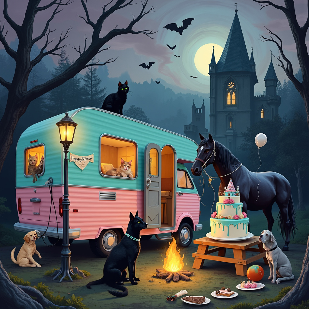 In the middle of a dense, eerie forest, where gnarled trees twist like ancient hands, a large, retro-styled campervan sits parked under the shadow of a crumbling gothic castle. The campervan is decked out in pastel pink and turquoise, contrasting sharply with the dark, brooding environment. Around a campfire near the campervan, a black cat with glowing green eyes sits perched atop a tree stump, watching a mischievous golden retriever and a scruffy grey terrier engaged in a playful tug-of-war with a bone-shaped toy.

Beside the campervan, a majestic black horse, adorned with a glimmering silver saddle and reins, is tied to an old iron lamppost that flickers with a dim, ghostly light. The horse looks regal and almost otherworldly, its mane flowing like liquid night. Peeking out from one of the campervan's windows, a curious orange tabby cat wears a tiny party hat with a skull and crossbones design. Hanging off the side of the campervan, a "Happy Birthday" banner made of dark velvet with ornate silver lettering sways gently in the evening breeze.

Above this peculiar gathering, the sky is a swirling canvas of deep purples and midnight blues, dotted with bats that seem to be circling the castle's spires. The castle itself has gothic arches and gargoyles perched ominously along its parapets, each one seemingly watching the birthday scene unfold below. Balloons in various shapes, including horses, cats, and dogs, hover near the campervan, tied down with black ribbon.

On the picnic table by the fire, a lavish, multi-tiered birthday cake stands tall, decorated with miniature fondant cats, dogs, and horses, all in playful poses. The top of the cake features a tiny gothic castle, complete with spooky towers and fluttering bat figurines. Plates of treats for both humans and pets are scattered across the table, adding to the festive, if not slightly eerie, atmosphere.

This birthday celebration is a whimsical clash of gothic and cheerful, where the unusual camaraderie of animals and the surreal setting make it a scene to remember.
Generated with these themes: Horses, Cats, Dogs, Campervan, and Gothic.
Made with ❤️ by AI.