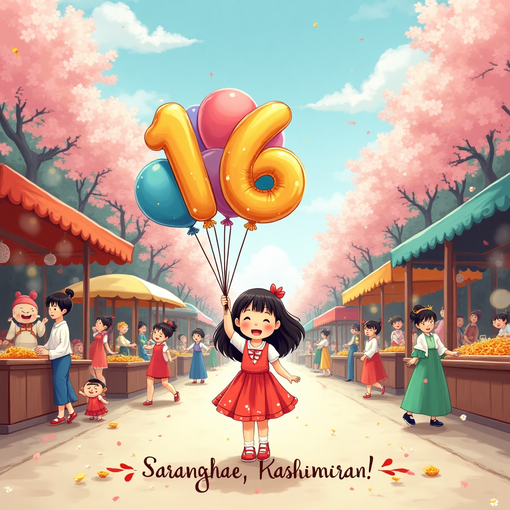 At the top of the Illustration Style image, write: "Happy Birthday Kashmira"

Create a delightful scene featuring a whimsical, hand-drawn illustration of a vibrant Korean street festival. In the foreground, a young girl joyfully holds a colorful balloon shaped like the number '16'. The background is bustling with playful K-pop-inspired characters dancing and celebrating with traditional Korean hanboks and modern streetwear. Stalls adorned with steaming bowls of bibimbap and sizzling tteokbokki add a delicious flair to the scene. Cherry blossoms softly flutter around, creating a dreamy atmosphere. 

Include a small, playful banner at the bottom of the image that reads: "Saranghae, Kashmira!" in a cute handwritten style, subtly tying in the birthday and love for Korean culture.
Generated with these themes: 16th birthday, She loves korea and kpop, She loves korean food and culture, and .
Made with ❤️ by AI.
