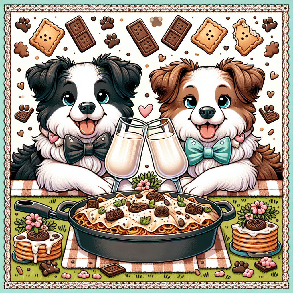 Create an illustration of an adorable scene. Two border collies, both stylishly dressed in bow ties, are out on a picnic and indulging in a celebratory toast with glasses of milk. Between them, there's a delicious pan of lasagna. Scattered around them, acting like confetti, are chocolate biscuits. The border of the picture is decorated with a delightful pattern of chocolate biscuits and paw prints, enhancing the charm of the anniversary theme.
Generated with these themes: Border collies, Chocolate biscuits, and Lasagna.
Made with ❤️ by AI.
