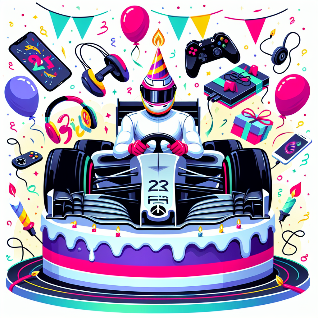 A vibrant birthday illustration showcases a young, athletic Caucasian male racer in a Formula 1 car, wearing a party hat, speeding across a track shaped like a birthday cake. Elements of gaming culture are sprinkled around the scene, with items like generic game controllers, headphones, and smartphones hanging overhead like party lights. Balloons shaped like cars rise in the background, adding a whimsical touch.
Generated with these themes: F1, Lando Norris, Gaming, Xbox, Phone, and Cars.
Made with ❤️ by AI.