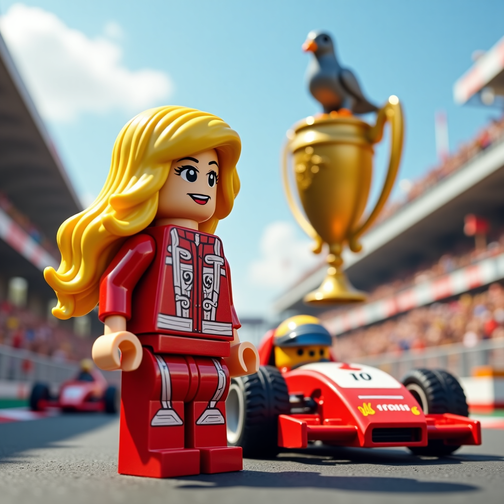 Lego girl who is a racing driver , She is in racing suit , She has got long blond hair , and She hold a helmet Congratulations Card