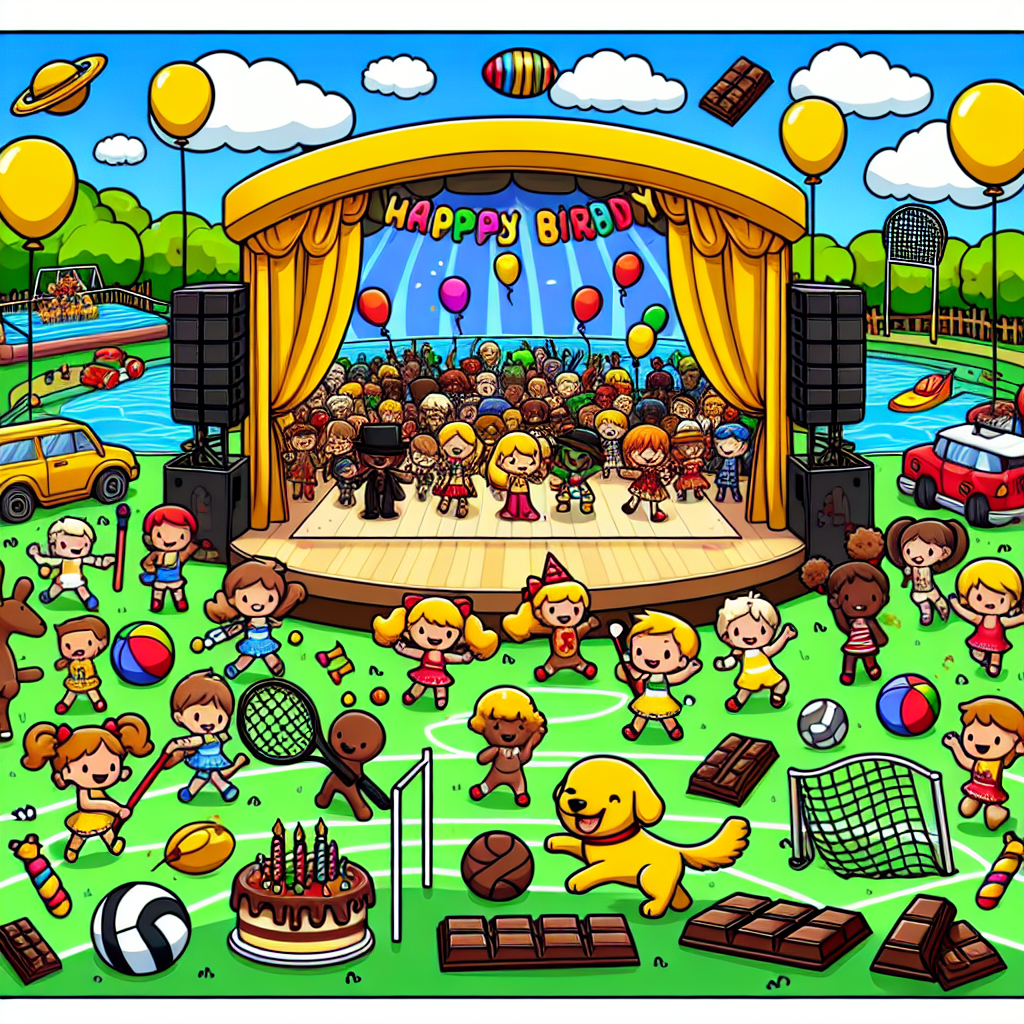 Visualize a festive event marked by an explosion of cartoon aesthetics. The primary focus is a stage where endearing musical theatre characters of different descents and genders put on a performance. Fields designated for netball and athletics, drawn in animation style, serve as distant backdrops, adopting a sporty look. There's a playful golden retriever cavorting around, its coat harmonizing with the bright yellow balloons and party decorations scattered throughout the scene. Elements of chocolate, including a birthday cake and various treats, are subtly integrated into the landscape, symbolizing the sweet unity of a birthday celebration.
Generated with these themes: Musical theatre , Netball, Athletics , Golden retriever , Yellow , and Chocolate .
Made with ❤️ by AI.