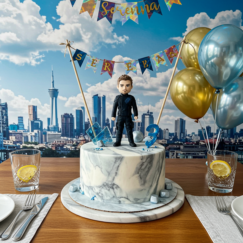 Front and center is a round, marble-frosted cake on a polished wooden table. Atop the cake, a meticulously crafted fondant figurine of Theo James, dressed in his Divergent character’s sleek black tactical outfit, strikes a confident pose. His hair is styled in an artful tousle, and his piercing eyes are captivatingly detailed. The cake is adorned with small, edible silver and blue geometric shapes, reminiscent of the dystopian theme.

In the background, a vivid cityscape mural stretches across the card. The skyline is a mix of futuristic glass towers and rustic brick buildings, capturing a blend of modernity and rebellion. Above this, a crystal-clear blue sky showcases fluffy, photorealistic clouds.

Suspended in the sky, amidst the clouds, is a colorful banner, artistically waving as if caught in a gentle breeze. The banner is emblazoned with the word "Serena" in elegant, gold script. The gold lettering glimmers with a slight metallic sheen, catching the light as if it were real fabric.

To the side of the cake, a cluster of holographic balloons in metallic hues of silver, gold, and blue reflect the surroundings. A table setting of silver cutlery and crystal-clear glasses with lemon slices inside adds to the realism. The wooden table is partially covered with a simple, off-white linen cloth with subtle silver embroidery.

The scene is vibrant and dynamic, with attention to lifelike detail, making the card a visually captivating piece that merges a sense of celebration with a nod to the Divergent series.
Generated with these themes: Theo James divergent .
Made with ❤️ by AI.