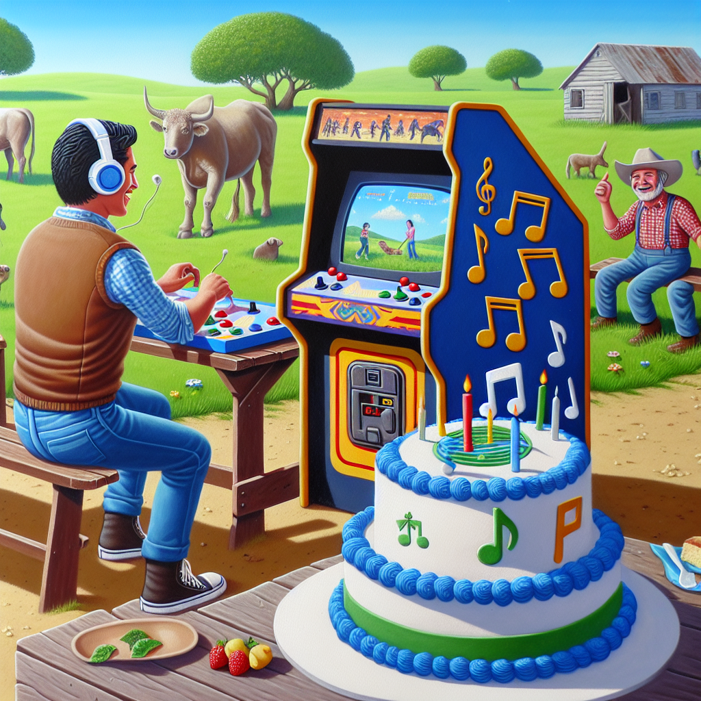Create a jubilant depiction of a rural birthday celebration. The central figure, a Hispanic male with headphones on, is engaging in a lively competition on a retro-style arcade game. The game cabinet is decorated with music notes and symbols representing countryside animals. A picnic table in the close proximity displays a homemade birthday cake, its icing beautifully adorned with symbols of video games and music. This scene perfectly captures the blissful intersection of music, video gaming, and pastoral simplicity.
Generated with these themes: Muse, Music, Gaming, and Countryside.
Made with ❤️ by AI.