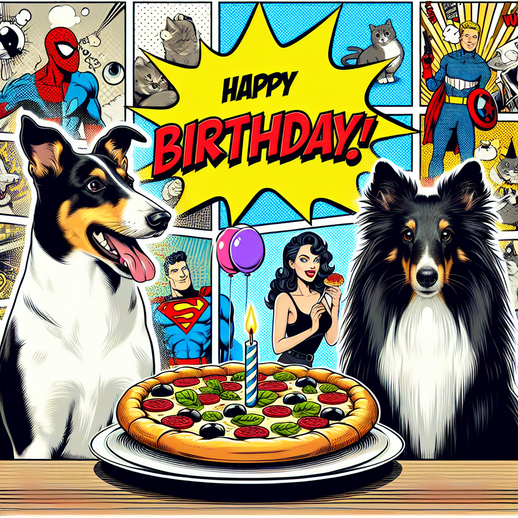 Create a delightful birthday-themed image showing a short-haired black and white Collie and a long-haired black and white cat sitting comfortably together. The background entails an energetic mishmash of generic comic book elements, with subtly included generic superheroes. A pizza with one lit candle stands in the center, signifying a laid-back but fun celebration. The Collie attentively looks toward the canvas's edge where a happy Caucasian woman, perhaps the pet-owner's significant other, is seen entering the cozy gathering.
Generated with these themes: Short hair black & white collie, Long hair black & white cat, Marvel , Pizza, and His girlfriend .
Made with ❤️ by AI.