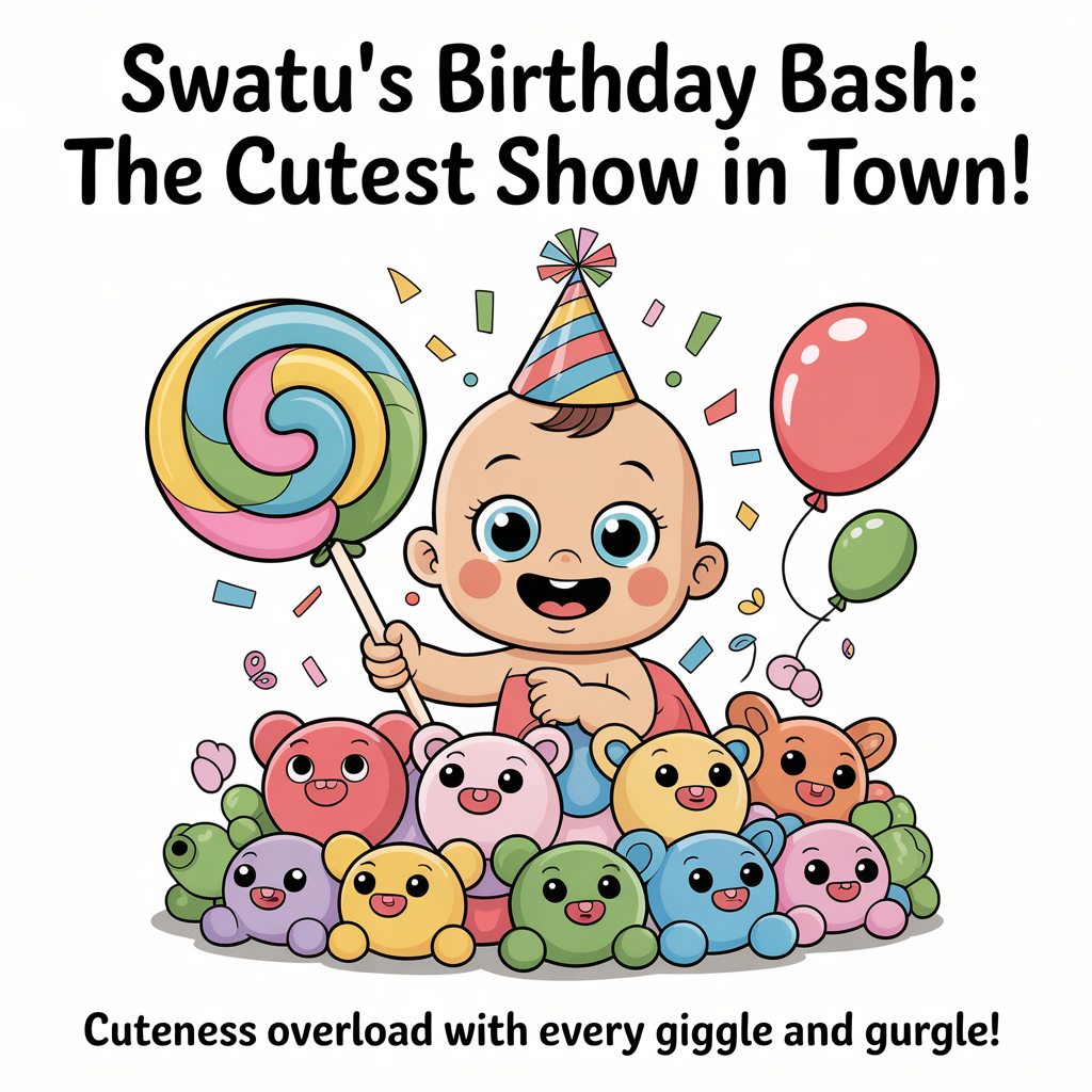 At the top of the image, "Swatu's Birthday Bash: The Cutest Show in Town!"

At the bottom of the image, "Cuteness Overload with Every Giggle and Gurgle!"

- In the center of the image, illustrate an adorable cartoon-style scene featuring a cute baby with oversized, twinkling eyes and rosy cheeks, wearing a colorful party hat and surrounded by cheerful, bouncy balloons and vibrant confetti. The baby is joyfully holding a giant, pastel-colored lollipop, almost as big as themselves, while sitting amidst a pile of playful, cuddly toys, all with animated expressions.
Generated with these themes: Cute baby, and .
Made with ❤️ by AI.