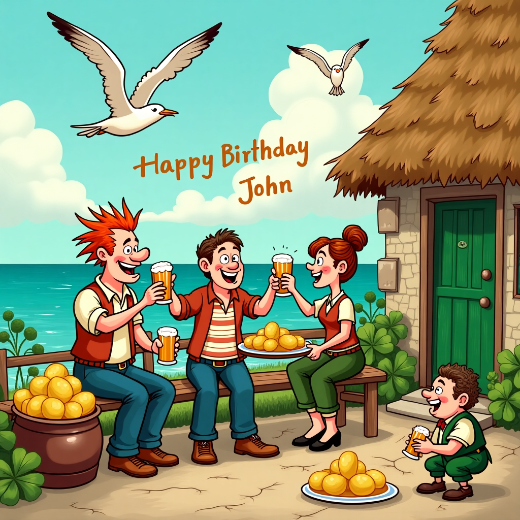 In the whimsical setting of a quaint seaside Irish village, where the pub is a cozy hub, we find our birthday celebration in full swing. Picture this: outside the rustic pub with its thatched roof and vibrant green door, four cartoonish characters are gathered. Two jovial men with exaggerated features and two lively women, all with a pint of Guinness raised in hand, are laughing heartily. One man, with a wild tuft of red hair and a mischievous twinkle in his eye, is clinking glasses with a woman whose curly hair seems to dance in the breeze. The other couple, a stout man with a large nose and a lady with freckles and a playful smile, are seated on a bench, sharing a plate overflowing with golden, steaming potatoes. 

In the background, the sea sparkles under the gentle Irish sun, and a leprechaun can be seen peeking from behind a large pot of shamrocks, holding a potato as if it's the greatest treasure. Above, seagulls dive and weave through the air, their paths tracing an unusual pattern. Look closely—those gulls have cleverly spelled out "Happy Birthday John" in the sky, using tiny clouds that look suspiciously like frothy pint heads. This birthday scene is vibrant and bustling, a perfect mix of cartoon charm inspired by the likes of Schulz and Watterson, with a touch of Hergé's storytelling magic. It's a snapshot of a merry moment, bursting with life and laughter, all ready to be printed on a card to bring joy to the birthday boy, John.
Generated with these themes: Two men and two women drinking Guinness outside a pub in Ireland by the sea eating potatoes .
Made with ❤️ by AI.