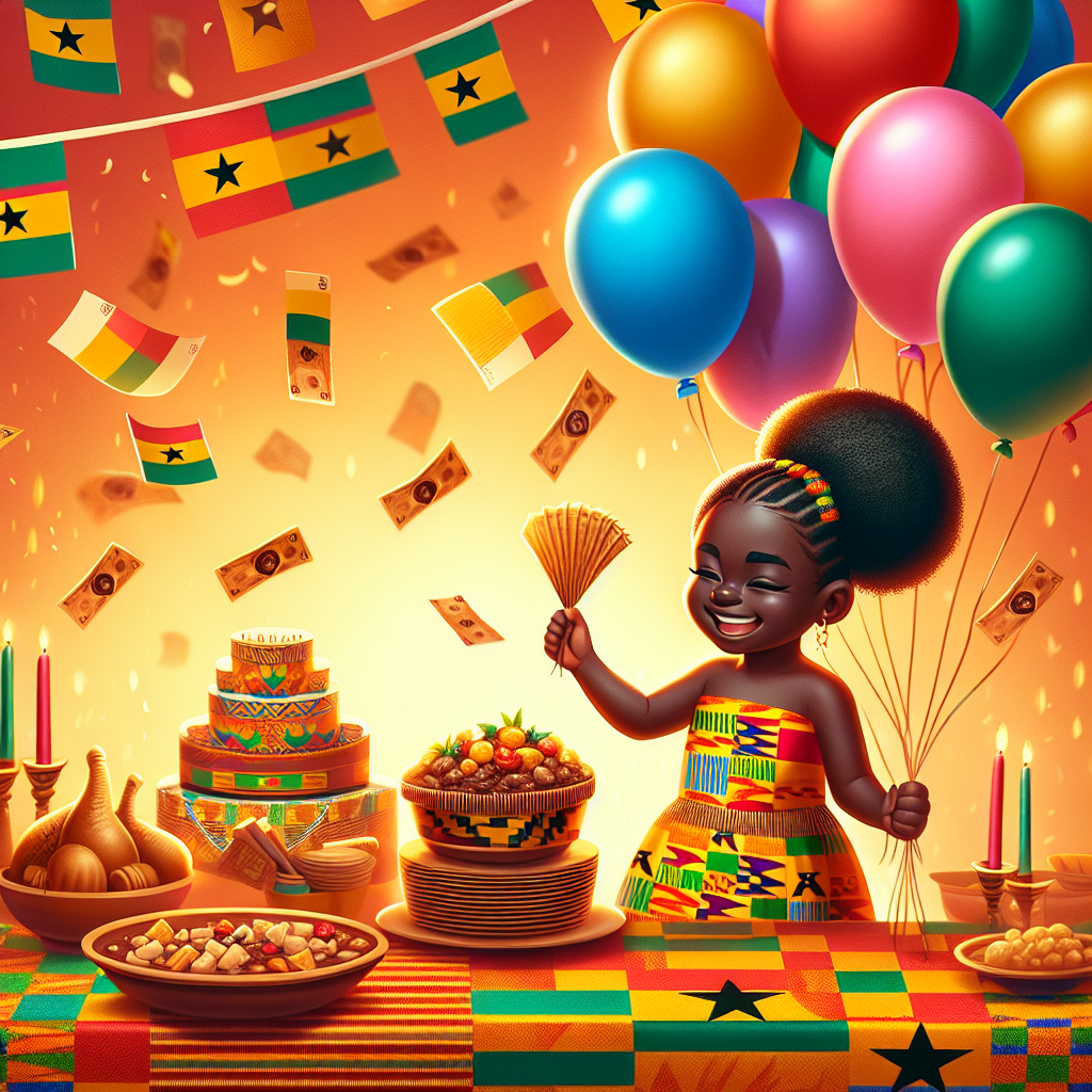 Create an image with a warm birthday theme showing a delighted Black girl wearing a vibrant dress featuring Kente patterns, and holding a collection of multicolored balloons. The backdrop features a banquet of traditional Ghanaian cuisine, presented on a table draped in Kente fabric. The atmosphere is celebratory, with currency notes softly falling from the sky, signifying wealth and the abundant culture of Ghana.
Generated with these themes: Kente, Money, Daughter, Food, and Ghana.
Made with ❤️ by AI.