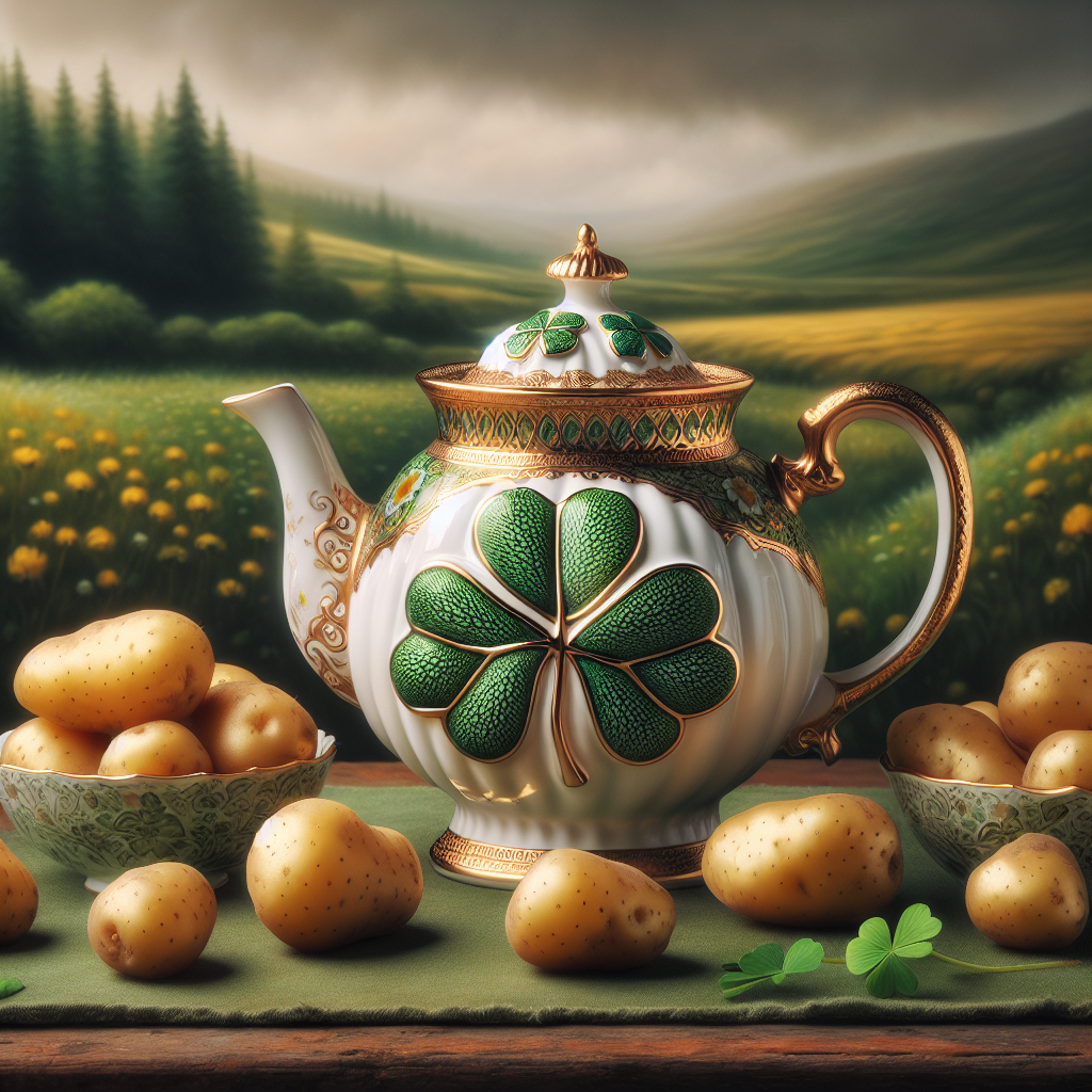Envision an endearing, lifelike scene of a birthday celebration, where the main attraction is a refined porcelain teapot adorned with detailed shamrocks illustrating Ireland's heritage. It's surrounded by a variety of freshly picked golden potatoes placed artistically, introducing a touch of nature to the setting. The environment is enriched with gentle green shades echoing Ireland's expansive rolling meadows, amplifying the comfy, festive atmosphere of the birthday party.
Generated with these themes: Potatoes, Tea, and Ireland.
Made with ❤️ by AI.