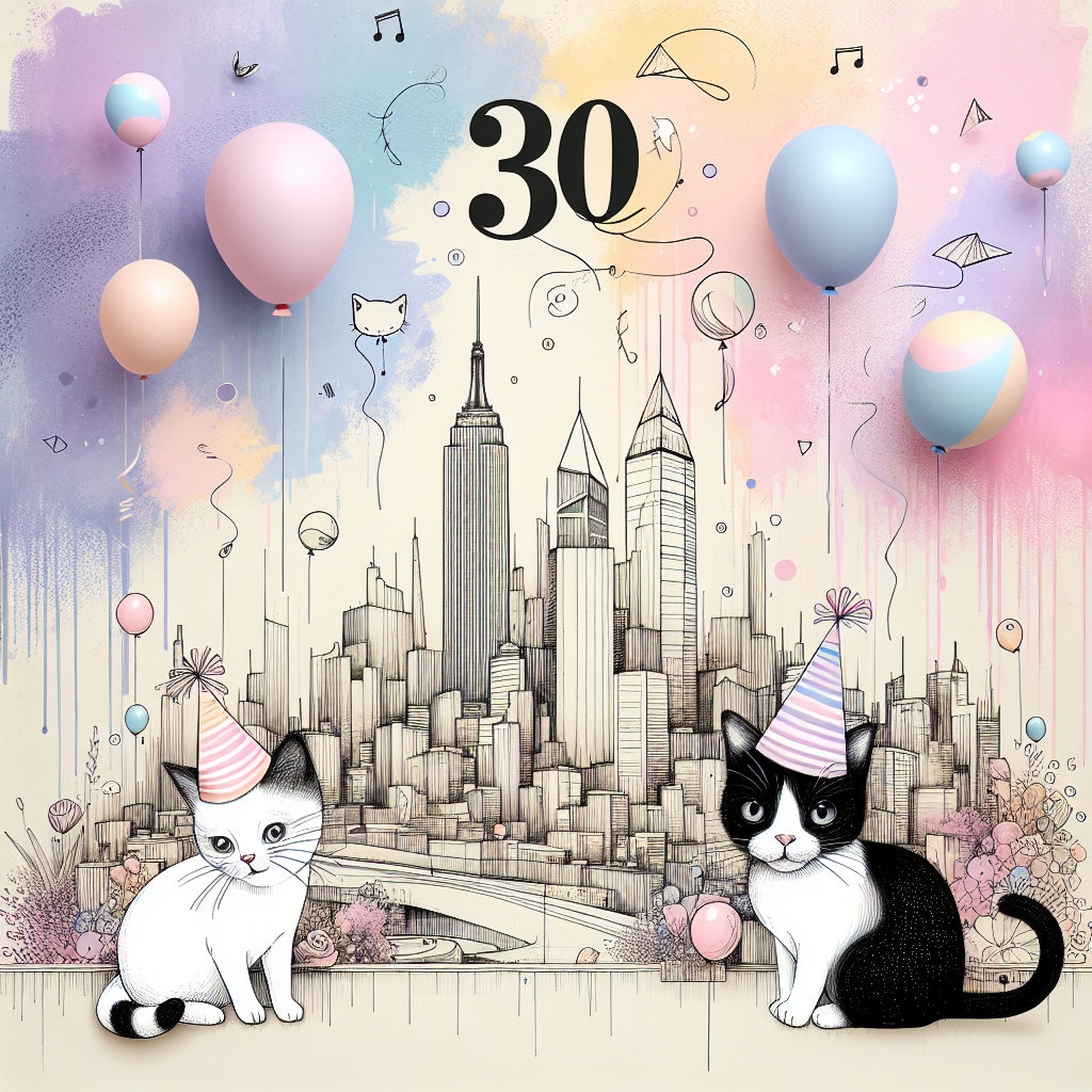 Create an image featuring an abstract pastel-colored background, evoking the celebratory mood of a birthday party. The focal point should be two whimsically illustrated cats — a black and white one, and a classic tabby — wearing festive party hats. Lower in the design, sketch a stylized representation of a distinctively contemporary skyline referring to a metropolitan area. Place the number '30' floating above this cityscape as a marker of a landmark birthday celebration. Decorate the scene with additional birthday paraphernalia such as floating balloons and falling confetti. This composition is intended to celebrate a special niece's milestone birthday.
Generated with these themes: Black and white cat, Tabby cat, New York, 30, Birthday , and Niece.
Made with ❤️ by AI.