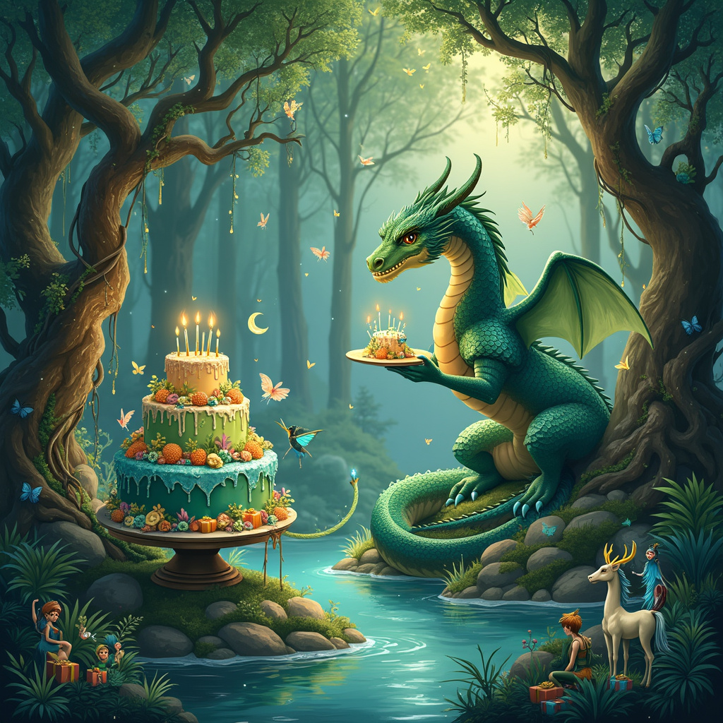 Picture a lush, enchanted forest where towering emerald trees with twisting, knotted trunks stretch toward a sky that fades seamlessly from a soft, oceanic blue to a rich, petrol blue as it nears the horizon. Nestled in this verdant wonderland, a grandiose, shimmering lake glows with hints of turquoise and deep azure. On the lake's surface, tiny ripples form around a magnificent, friendly sea serpent whose scales shimmer in petrol blue and green hues. 

Perched on the serpent's head is a gathering of mischievous pixies, their delicate wings reflecting iridescent greens and blues as they flutter about, setting up a banner that reads, "Happy 13th Birthday!" in bold, glittering gold letters. 

In the heart of this forest, a clearing emerges where a colossal, benevolent dragon with shimmering green and blue scales stands protectively. The dragon is holding an enormous, fantastical birthday cake in one claw. The cake is intricately decorated with sea-themed frosting, including edible seaweed, coral, and little candy creatures of the sea.

Surrounding the cake are mythical creatures - a centaur with a petrol blue sash, a unicorn whose mane sparkles with sea-green hues, and a gathering of friendly forest creatures like talking deer and wise old owls. Among them, there's a phoenix perched on a low branch, its feathers a radiant mix of green and blue, singing a melodious birthday tune.

In the background, the trees are festooned with birthday streamers made from vines and sparkling lights, casting a magical glow over the scene. On the ground, a small, playful scene unfolds with tiny pixies in the midst of opening presents wrapped in blue and green paper, revealing magical trinkets inside.

Every element of this scene bursts with life and magic, combining the charm of mythical creatures and fantastic beasts with the festive spirit of a 13th birthday celebration.
Generated with these themes: Mythical creatures, Fantastic beasts, Forest, Sea, Green, Blue, Dragons, Birthday, Petrol blue, Pixies, and 13.
Made with ❤️ by AI.