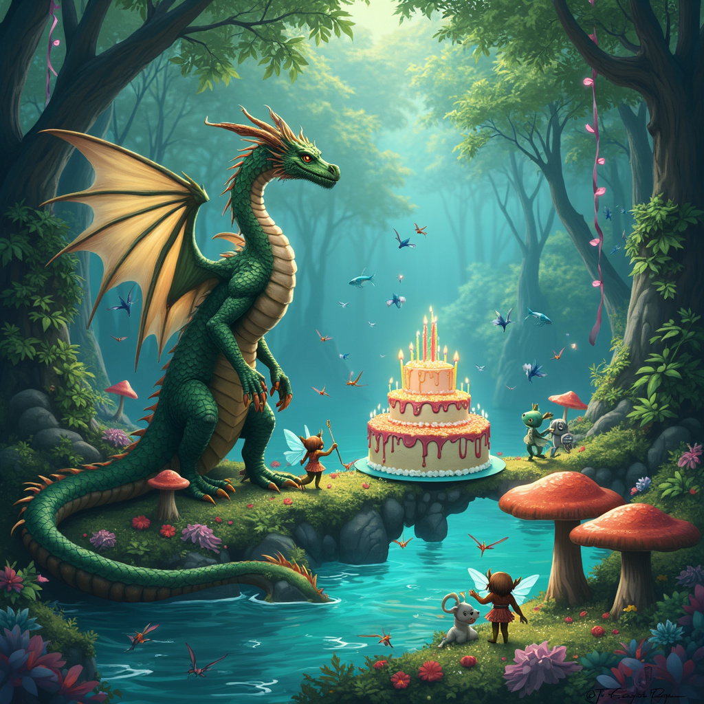 Mythical creatures, Fantastic beasts, Forest, Sea, Green, Blue, Dragons, Birthday, Petrol blue, Pixies, and 13 Birthday Card
