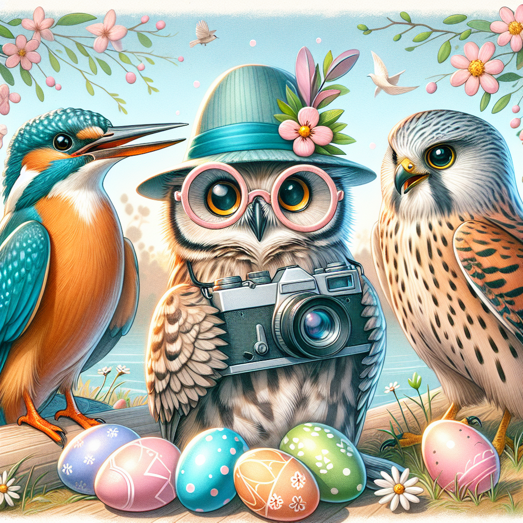 Create a heartwarming Easter-themed illustration featuring three distinct birds - a stylish kingfisher, an intelligent owl with circular glasses, and a sharp-eyed kestrel. The birds are shown reveling in the festive mood with the owl acting as a photographer and capturing beautiful moments. They are surrounded by Easter eggs painted in gentle pastel colors and a setting filled with vibrant spring flowers.
Generated with these themes: Kingfishe owl kestrel photographer with round glasses.
Made with ❤️ by AI.