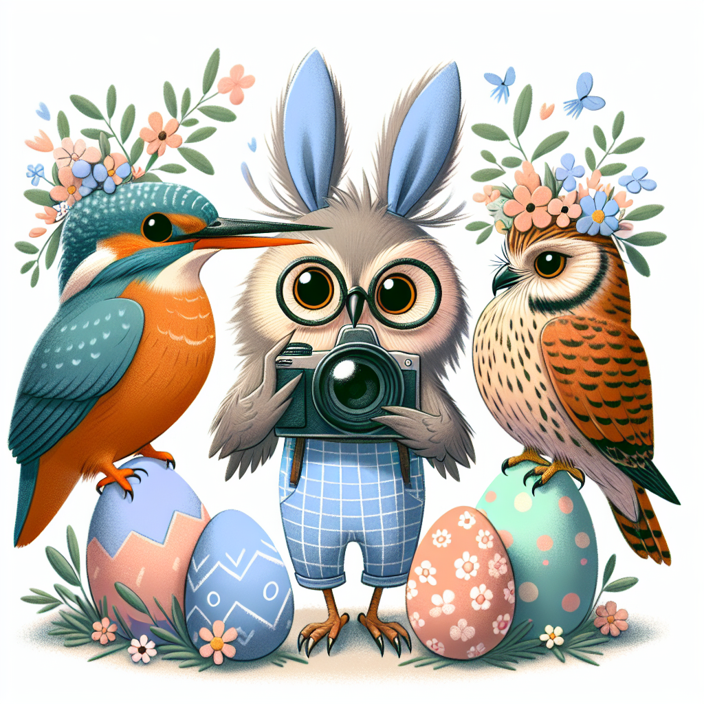 Create a whimsical, Easter-themed illustration that features a kingfisher, owl, and kestrel participating in a festive photoshoot. The owl, serving as the photographer, is depicted as curious and intelligent, donning a pair of round glasses. The scene is imbued with the essence of Easter - the birds find themselves enveloped by an array of pastel-colored eggs and flowers that are indicative of spring's arrival.
Generated with these themes: Kingfishe owl kestrel photographer with round glasses.
Made with ❤️ by AI.