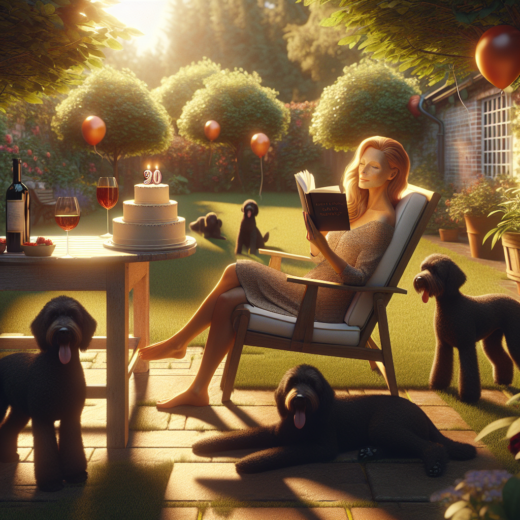 Create an image depicting a serene birthday scene set in a garden. A Caucasian woman is comfortably resting in a garden chair, her attention is fully captured by the novel she's holding in her hand. The warm sunshine accentuates the peaceful atmosphere. She's surrounded by playful black Labradoodles, adding a lively touch to the calm setting. Beside her, on a small table, there's a bottle of red wine with a filled glass, symbolizing relaxation and self-indulgence. The image radiates tranquility, companionship, and appreciates the simple joys of life such as a good book and fine wine.
Generated with these themes: Lady, Black labradoodles, Red wine, Sunbathing, and Reading.
Made with ❤️ by AI.