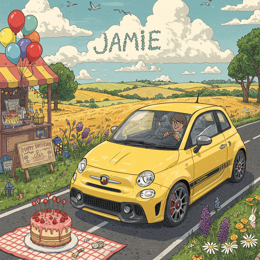 In the foreground, illustrate a shiny, new yellow Fiat Abarth, its glossy surface reflecting a dazzling array of colors as if kissed by the sun. The car is detailed with chrome accents, sporty racing stripes, and the iconic scorpion emblem on the hood. Inside, a good-looking young man with tousled, dark hair grips the steering wheel with a confident, relaxed posture. He's wearing a pair of stylish sunglasses, his smile hinting at the joy of the open road.

On the road, the car zooms through a charming countryside scene reminiscent of a Maxfield Parrish painting, with rolling hills bathed in warm golden hues and dotted with whimsical trees that seem to dance in the gentle breeze. In the sky above, clouds gather in fluffy clusters, with one particularly large cloud shaped like the name "Jamie," its letters cleverly integrated into the sky's natural formations.

To the left of the road, a roadside stand bursts with vivid colors: clusters of vibrant balloons in red, blue, and green sway in the wind, tied to the stand with cheerful ribbons. A small wooden sign hangs nearby, decorated with intricate, swirling details inspired by Aubrey Beardsley's elaborate line work.

On the right, a field of wildflowers spreads across the scene, a tapestry of bright yellows, deep purples, and rich blues, like something straight out of a Beatrix Potter illustration. A small white rabbit peeks out from behind a cluster of daisies, adding a touch of whimsy.

In the background, a cake stands majestically on a checkered picnic blanket, layered with icing and adorned with miniature flags that spell out "Happy Birthday." The cake's frosting is detailed with delicate patterns, nodding to the intricate works of Arthur Rackham. Above, birds soar in graceful arcs, reminiscent of Quentin Blake's lively, animated style, completing the scene with a touch of dynamic energy.
Generated with these themes: New yellow fiat abarth driven by good looking dark haired young man.
Made with ❤️ by AI.
