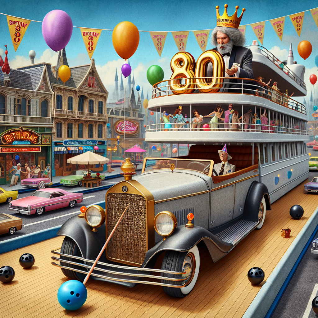 Create a humorous birthday-themed illustration featuring a lively street filled with vintage cars, all bedecked with dynamic balloons and '80' banners. The main automobile, marked prominently with a large '80' badge, sits atop a simulated cruise ship deck, equipped with a micro bowling green on the roof. Envision an elderly individual, of South Asian descent and of an undetermined gender, donning a crown in place of a typical party hat and expressing a wry smile while nonchalantly rolling a bowling ball towards a makeshift set of bowling pins, their crown symbolizing their high status as the birthday monarch.
Generated with these themes: 80th Birthday, Classic cars, Cruise, and Crown Green Bowls.
Made with ❤️ by AI.