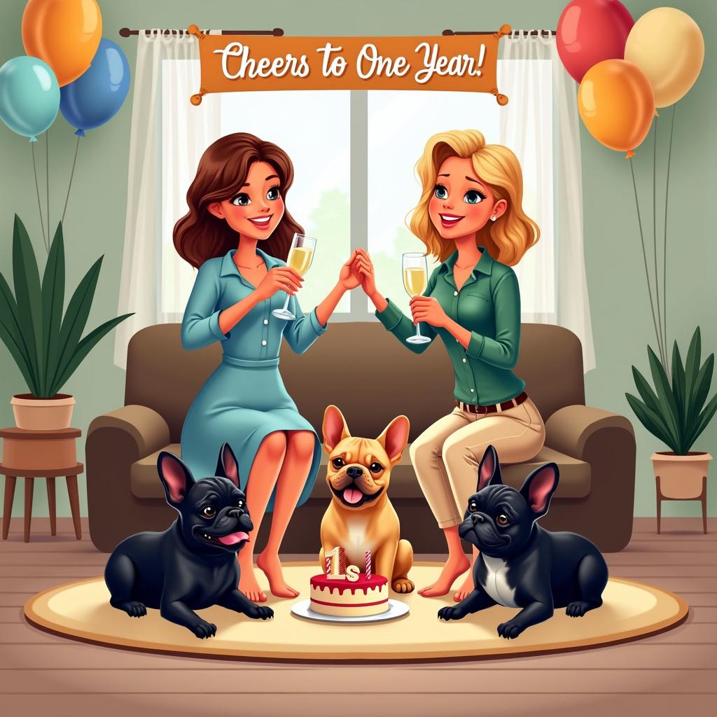 The illustration depicts a living room where a 1st wedding anniversary celebration takes place. Centrally, we have a brown-haired woman wearing a blue knee-length dress, and a blonde-haired woman in a green shirt paired with beige pants. They are smiling at each other, each with one hand joined and the other holding a glass of champagne. Between them is an endearing fawn French bulldog sitting on its hind legs, while a black French bulldog lies comfortably with its head propped on its paws, front and center. The background shows a modestly-sized room adorned with colorful balloons and a large banner that exclaims, 'Cheers to One Year!' Over a sleek, wooden floor rests a round, cream-colored rug upon which the dogs are positioned. A side table features a small two-tiered anniversary cake with a '1' shaped topper. The atmosphere of the room is festive yet intimate, with natural light filtering through sheer curtains and a set of neatly arranged potted plants adding to the domestic charm.
Generated with these themes: Brown haired woman, blonde haired woman, 1st wedding anniversary, fawn French bull dog, black French bulldog.
Made with ❤️ by AI.