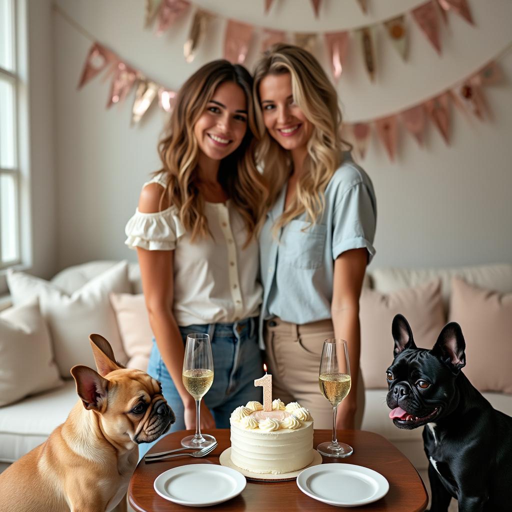 A brown-haired woman and a blonde-haired woman stand close together, half-embracing in a cozy living room setting. They are both dressed casually, radiating lightheartedness. In front of them is a small, circular table laid with a miniature cake topped with a single candle indicating their 1st wedding anniversary. The table features two plates, each with a fork, and two champagne flutes sparkling with bubbling liquid. On the floor, playfully interacting with a chew toy, is a fawn French bulldog, its coat light and soft-looking. Nearby, with its tongue playfully sticking out, a black French bulldog watches its companion. Streamers in pastel tones dangle from the ceiling, and on the wall behind the couple, a banner reads 'Happy 1st Anniversary!' The setting is detailed, with a plush couch, decorative pillows in matching pastel shades, and a window revealing daylight.
Generated with these themes: Brown haired woman, blonde haired woman, 1st wedding anniversary, fawn French bull dog, black French bulldog.
Made with ❤️ by AI.