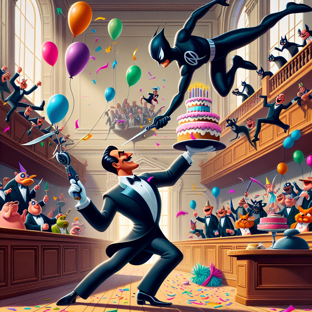 In a whimsical cartoon landscape, an absurd birthday party unfolds within a grandiose courtroom. At the center of the chaos, a debonair secret agent in his sleek tuxedo brandishes a cake-slicing gadget, engaging in a mock battle with a caped vigilante, nimble and dark. The vigilant evades each slice with acrobatic flair. Suspended above a jury of animated animals are balloons, and confetti cascades like a waterfall, creating a scene of chaotic merriment.
Generated with these themes: James bond fighting batman, Party, and Court.
Made with ❤️ by AI.