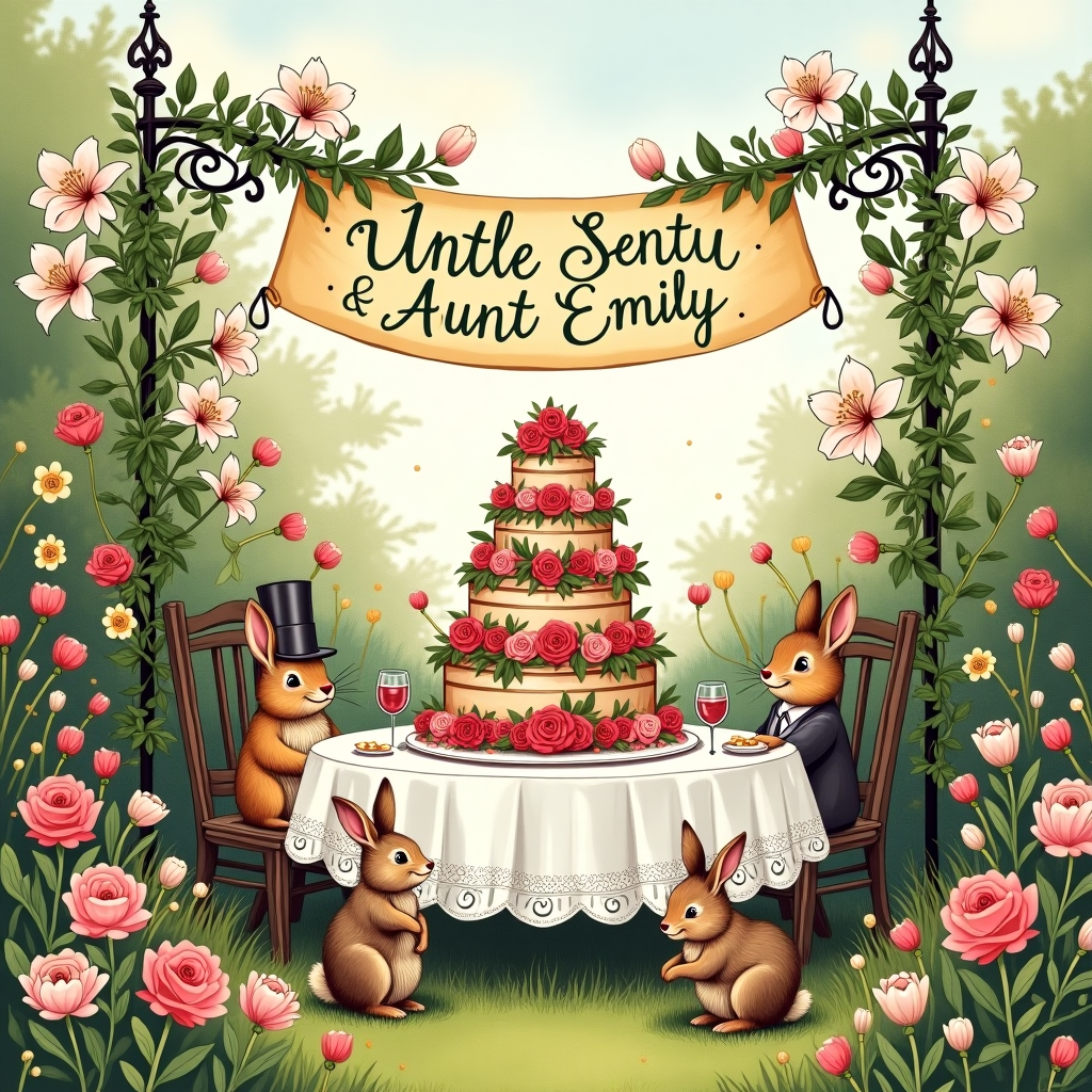 Visualize a whimsical, hand-drawn garden party scene for the front of the anniversary greeting card, where elements blend the detailed linework of Edward Gorey with the playful expressiveness of Quentin Blake. This illustration should be vibrant, with a touch of vintage charm reminiscent of Beatrix Potter's floral settings.

**Background**: Create a garden bursting with lush greenery and a riot of roses and lilies in full bloom. The roses should be vivid reds, pinks, and whites, their petals delicately detailed in a manner similar to Arthur Rackham's intricate plant illustrations. The lilies, pure white with hints of orange in their stamens, will add a layer of elegance, their long, slender stems waving gracefully.

**Central Elements**:
- **Table Setting**: At the center, place a rustic wooden table covered with a lace-trimmed white tablecloth, much like a scene Maxfield Parrish would set. On it, display a charmingly oversized cake, perhaps a four-tiered spectacle. Each tier is decorated with edible roses and lilies, their colors echoing those in the garden. The cake is an elaborate masterpiece, resembling something from N.C. Wyeth’s opulent imagination.
  
- **Banner**: Above the cake, suspended between two elegant wrought-iron posts wound with ivy and flowers, hangs a delicate banner. The banner is crafted with a subtle parchment-like texture, reminiscent of Aubrey Beardsley's linework. On it, in flowing, script-like letters, it reads "Uncle Sentu & Aunt Emily". The text is dark green, with subtle shading giving it depth.

- **Characters**: Around the table, sketch an array of whimsical animals dressed in vintage, Victorian-era clothing, as Maurice Sendak might envision. Rabbits in waistcoats, squirrels with tiny top hats, and hedgehogs in bonnets gather joyfully, giving the scene a festive air without being overbearing.

**Sky and Atmosphere**: Above the garden, paint a serene sky of gentle blues and pastel pinks as found in Norman Rockwell's idyllic scenes. Soft white clouds are scattered, some with shapes hinting at roses and lilies, subtly tying back to the card's floral theme.

**Foreground Details**: Include a small, intricately drawn stack of beautifully wrapped gifts near the table, each package adorned with rose-patterned wrapping paper and lily-topped ribbons, capturing the essence of Gustave Doré's attention to detail. 

This greeting card cover should exude a sense of joy and celebration through its rich details and harmonious composition, offering a delightful visual feast that invites viewers to explore every inch of the scene.
Generated with these themes: Roses and lilies.
Made with ❤️ by AI.