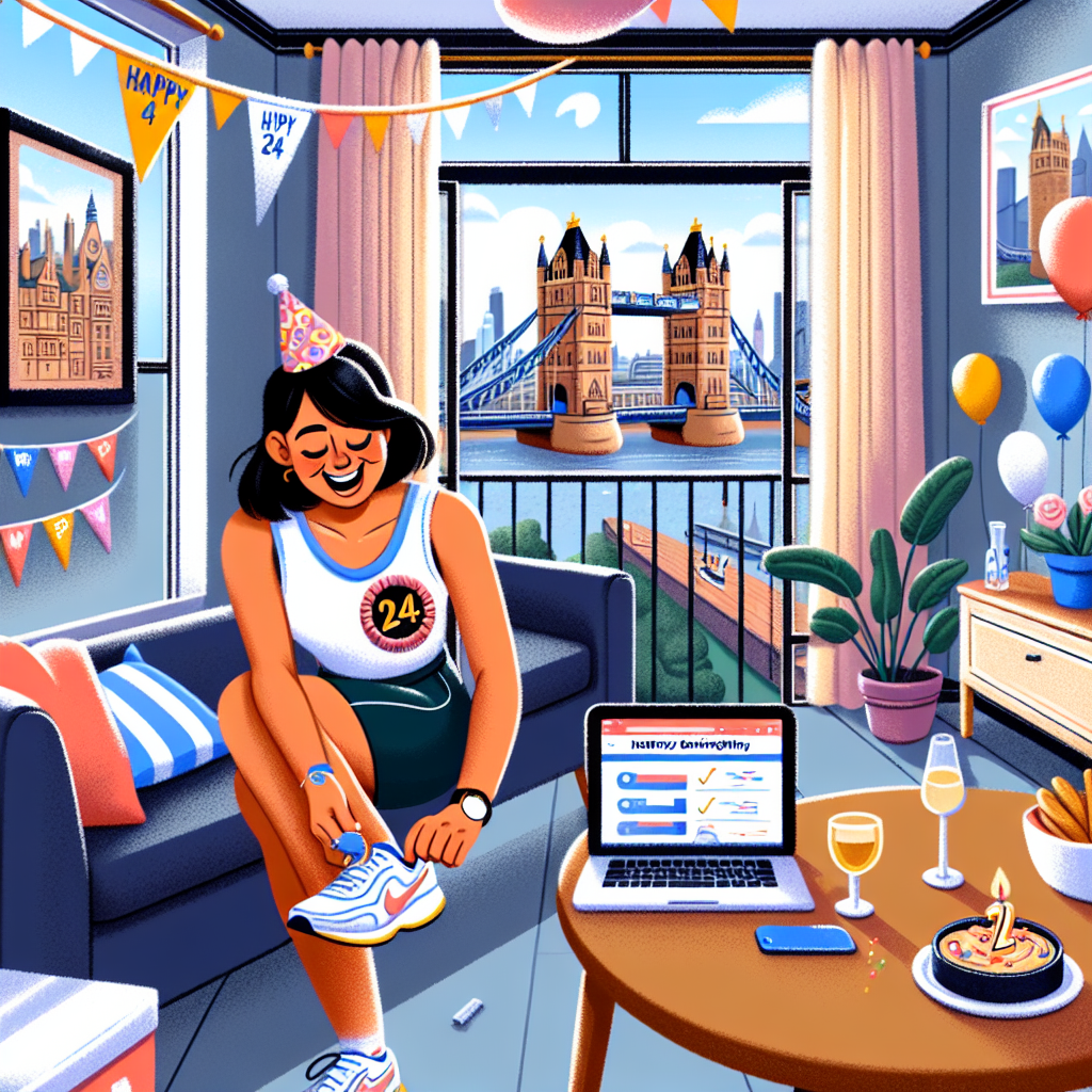 Visualize a delightful birthday illustration set in a cozy apartment in London. Central to the scene is a marketer who identifies as a Hispanic woman, gleefully lacing up her running shoes, ready for a run on her 24th birthday. A badge with the number '24' is pinned to her shirt. The room offers a stunning view of the renowned Tower Bridge from the window. On a table nearby, there's a glass of wine and a laptop is open, showcasing a marketing dashboard. The entire ambiance of the room is made lively and festive with colorful balloons and streamers, painting an inviting, birthday-appropriate atmosphere.
Generated with these themes: 24 years old, likes running, wine, does marketing in London.
Made with ❤️ by AI.