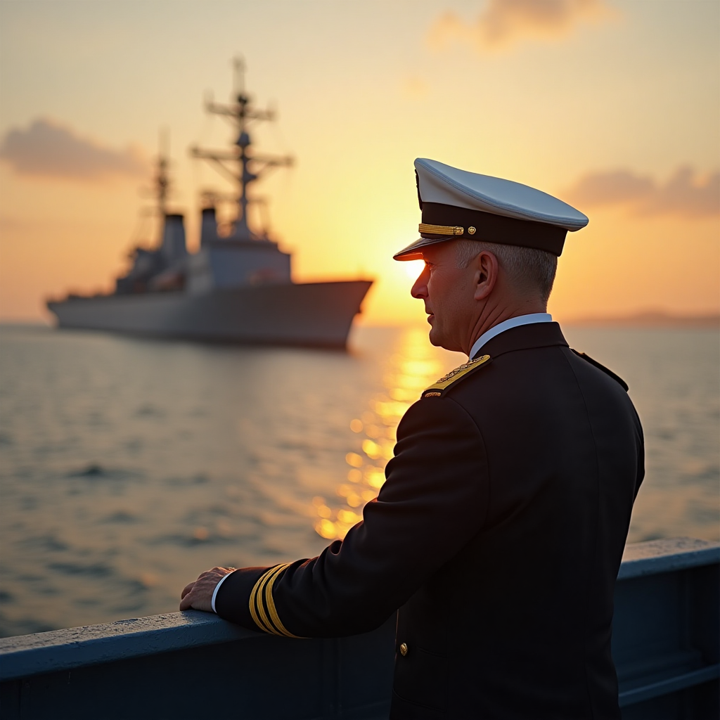 At the top of the photorealistic picture taken from a camera image, include the text: "Happy Father’s Day".

---

**Image Description:**

The scene captures a poignant and heartfelt moment aboard HMS Coventry. The focus is on a father in naval uniform, standing on the deck of the ship. He is gazing thoughtfully towards the horizon, the vast ocean stretching endlessly before him, reflecting hues of the golden sunset. Behind him, the grand and imposing structure of HMS Coventry rises, its silhouette a testament to strength and duty. The light casts a warm, gentle glow on his face, highlighting his dedication and love for his family, whom he holds close to his heart even when far away. The textures of the ship, the uniform, and the ocean are rendered with meticulous detail, bringing an authentic touch to the photograph. This image, with its sincere and touching theme, is perfect for a Father’s Day greeting, celebrating the valor and warmth of fathers everywhere.
Generated with these themes: Hms coventry, and .
Made with ❤️ by AI.