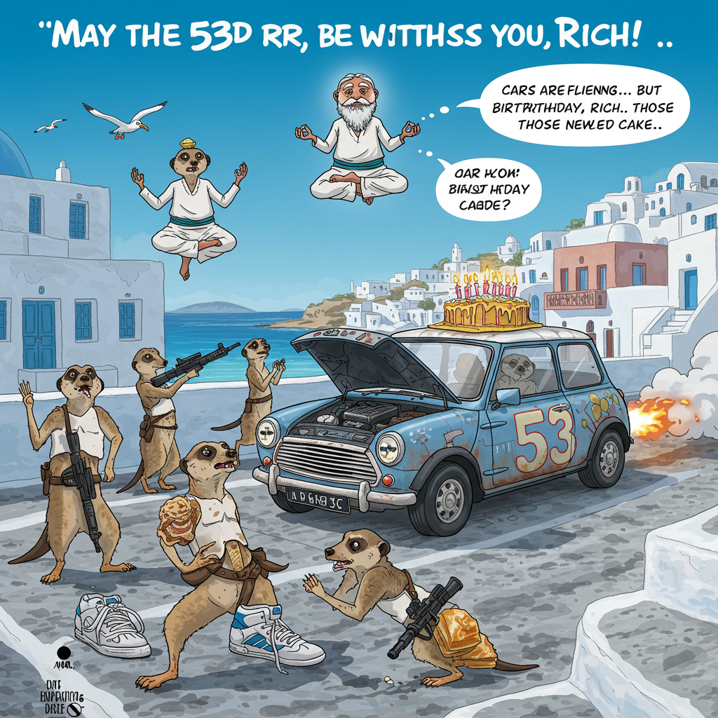 At the top of the cartoon image:  
**“May the 53rd be with you, Rich!”**

**Image Prompt:**  
A vibrant and wacky cartoon birthday scene set on a sunny Greek island with white-washed houses and blue rooftops in the background. In the foreground, a troop of wide-eyed meerkats dressed as stormtroopers are striking awkward “battle stances” — but they're clearly more confused than combative. One is wearing oversized retro Gazelle trainers and struggling to stay upright, while another peers into the open bonnet of a rusty old Austin Cooper Mini painted like the Millennium Falcon. A zen-like older meerkat (with a spiritual glow and floaty beard) floats above in a yoga pose, whispering birthday wisdom into the breeze: "Cars are fleeting... but birthdays, Rich... those need cake." A flock of startled seagulls flees in the background as the Mini suddenly blasts off (powered by baklava), leaving behind a puff of sparkly “53”-shaped exhaust. The entire scene has the charm and chaos of a Mediterranean road trip gone hilariously wrong — with lightsabers, lederhosen, and lemon gelato involved somewhere.
Generated with these themes: Cars, Stormtroopers, Meerkats, 53, Spiritual, Greece, Gazelle trainers, and Austin cooper mini.
Made with ❤️ by AI.