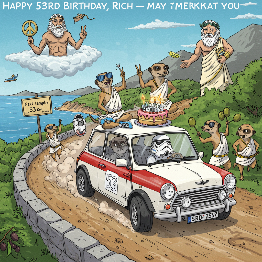 **Prompt for the Image:**

At the top of the cartoon image: *"Happy 53rd Birthday, Rich – May the Meerkat Be With You!"*

**Image Description Prompt (for cartoon illustration):**

Create a vibrant, funny cartoon scene set on a sun-drenched Greek island. In the center, a white-and-red vintage Austin Cooper Mini is screeching around a bend, kicking up a cloud of tzatziki-flavoured dust. Behind the wheel: a cool, shades-wearing meerkat in bright blue Gazelle trainers, blasting disco-spiritual tunes and looking mildly enlightened.

Riding shotgun is a grumpy Stormtrooper trying to hold onto his helmet, looking utterly confused by his spiritual awakening. Another Stormtrooper meditates cross-legged on the roof of the car, eyes closed, holding a birthday cake glowing with 53 candles — each candle shaped like a tiny Spartan warrior.

Chasing the Mini is a small army of even more meerkats wearing Greek togas, doing slow-mo parkour and tossing olives like ninja stars.

The Aegean Sea sparkles in the background while Zeus himself photobombs the scene from the clouds above, flashing a peace sign and wearing his own custom pair of Adidas Gazelles. A tiny roadside sign reads: “Next temple – 53 km. Watch out for birthday shenanigans.”
Generated with these themes: Cars, Stormtroopers, Meerkats, 53, Spiritual, Greece, Gazelle trainers, and Austin cooper mini.
Made with ❤️ by AI.