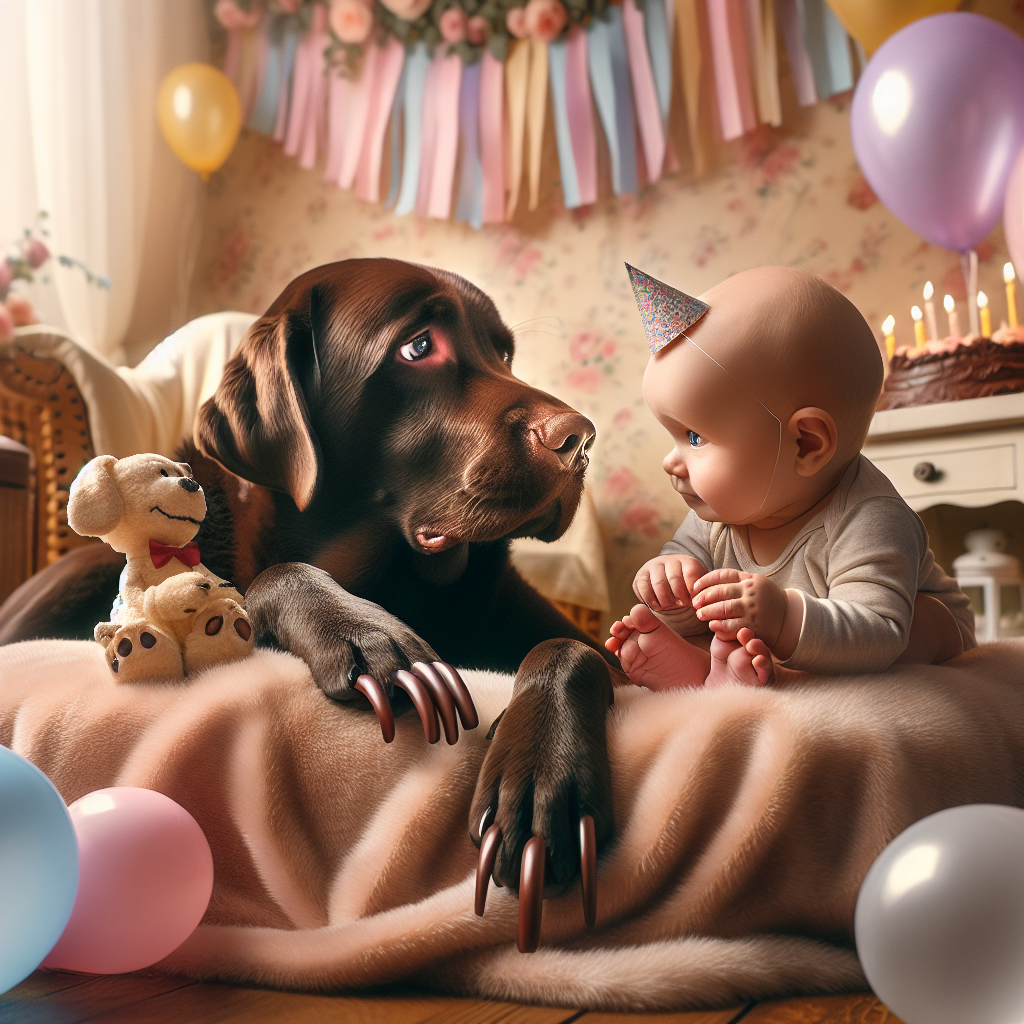 Illustrate an endearing scene set in a cosy room, celebrating a birthday. In this warm, inviting atmosphere, a gentle chocolate Labrador is lying next to an infant on a plush, soft blanket. Both the Labrador and the infant are the focal point of this image. The Labrador's nails are strikingly well-groomed, which appears to fascinate the baby. Adding to the birthday vibe, pastel-coloured streamers and balloons festoon the room, with one of the balloons ingeniously crafted to resemble a nail. Moreover, the infant, sporting a small party hat on its head, is gazing at the Labrador in a moment of tender curiosity and friendship.
Generated with these themes: Chocolate labrador, Baby, and Nails.
Made with ❤️ by AI.
