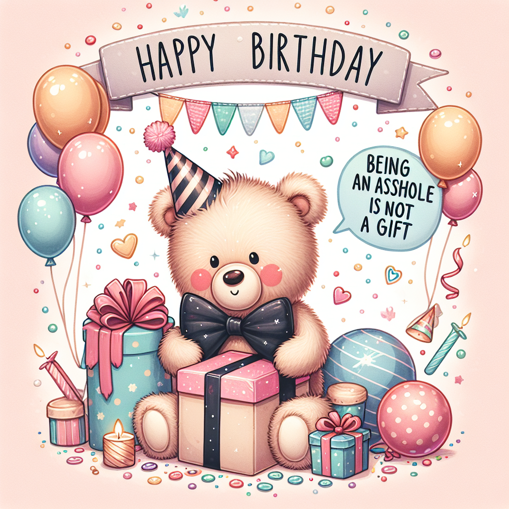 Create a whimsical and playfully illustrated image with a birthday theme. Use soft pastel colors for the setting. Place a cute teddy bear, wearing a party hat and holding a brightly wrapped gift, in the center of the image. Surround the bear with balloons, confetti, and a banner that says 'Happy Birthday'. Add an unexpected twist to this adorable scene by giving the bear a cheeky grin and a speech bubble that reads, 'Being an asshole is not a gift'. This addition should provide a humorous, adult-edged contrast to the overall image.
Generated with these themes: Being an asshole.
Made with ❤️ by AI.
