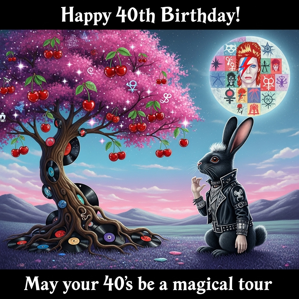 David Bowie, Black rabbit with white nose, Cherry tree, Gothic, Sweeties , and Birthday Card