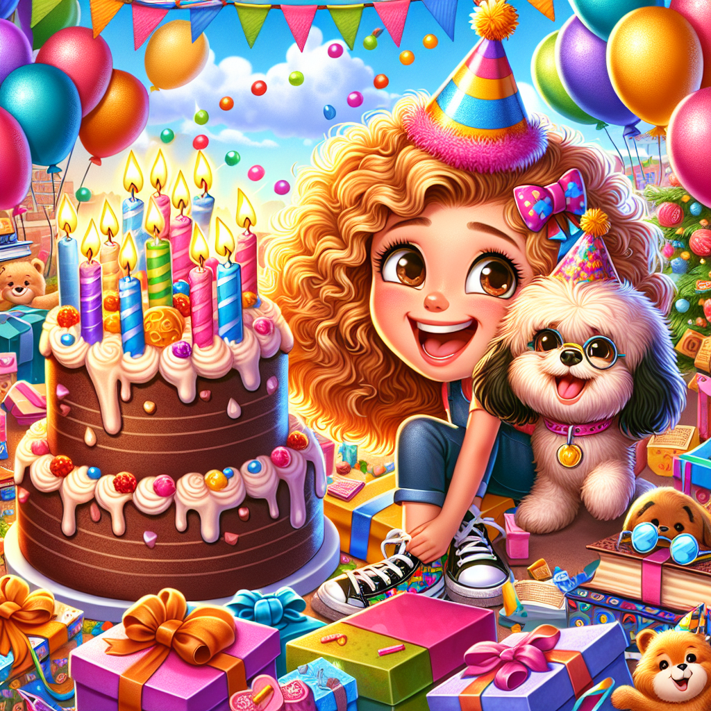 A vibrant, joy-filled and colorful cartoon birthday scenario. In the center, a fluffy Poochon dog wearing a party hat is playing happily amongst an abundance of presents. Nearby, a cheerful four-year-old Caucasian girl with curly blonde hair and brown eyes is laughing. She's wearing trendy shoes and seems to be surrounded by a wide array of books, ranging from works of Shakespeare to children's stories, suggesting a rich world of adventure and learning. Overhead, celebratory balloons are floating while a delicious chocolate birthday cake, bearing four candles that are flickering brightly, awaits the pinnacle moment of the birthday wish.
Generated with these themes: Poochon, 4 year old curly haired blonde brown eyed girl, shakespeare, dc martins, books, chocolate.
Made with ❤️ by AI.