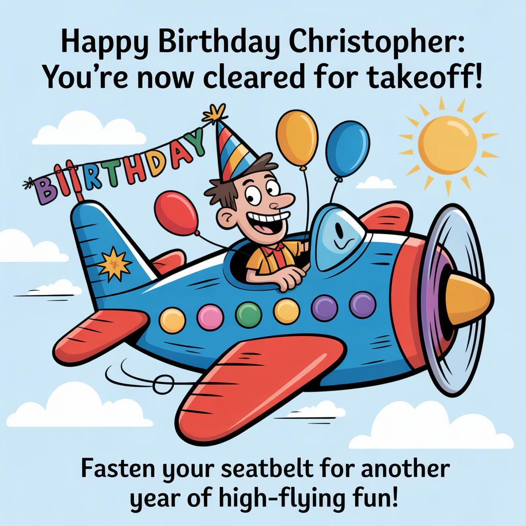 At the top of the image, "Happy Birthday Christopher: You're Now Cleared for Takeoff!"

At the bottom of the image, "Fasten Your Seatbelt for Another Year of High-Flying Fun!"

- Create a playful cartoon scene featuring a quirky airplane piloted by Christopher, a cartoon character with exaggerated features and a big grin. The airplane is decked out with colorful party decorations and balloons, soaring through a sky dotted with fluffy clouds and a shining sun. The airplane's tail sports a birthday banner waving in the wind.
Generated with these themes: Aeroplanes, and .
Made with ❤️ by AI.