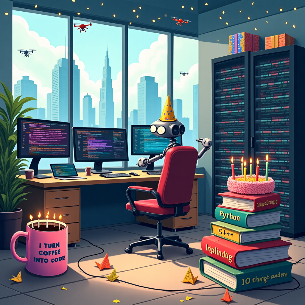 The front cover of this birthday greeting card features a bustling open-plan office space that's a humorous homage to the life of a tech developer. Picture a lively scene set in a modern tech startup office, with sunlight streaming through large floor-to-ceiling windows that overlook a digital cityscape filled with holographic skyscrapers. At the center, a large wooden desk is cluttered with multiple monitors, all displaying an assortment of colorful coding languages, some with confetti-themed syntax errors flashing in celebration. Next to the monitors, a robot assistant designed like a party hat wearing droid, complete with googly eyes, is seen holding a USB cable like a birthday streamer. It hovers in the air, whimsically tangled in wires shaped like balloons. To the left, a laptop sits with a screensaver of animated binary codes that, upon closer inspection, spell out "Happy Birthday!" An oversized coffee mug branded with a quirky programming pun like "I TURN COFFEE INTO CODE" is perched beside a cake resembling a stack of books titled "JavaScript," "Python," and "C++," each tier adorned with pixelated candles. The floor is peppered with scattered sticky notes, some cleverly folded into origami cranes. In the corner, a large server rack looms like a birthday throne, festooned with fairy lights and a banner reading, "Another Year of Debugging Life!" Above, a swarm of drone quadcopters, each carrying a tiny gift wrapped in circuit board patterns, zip around playfully. This birthday scene captures the chaos, creativity, and camaraderie of a tech developer's world, bringing a smile to any programmer's face.
Generated with these themes: developer tech.
Made with ❤️ by AI.